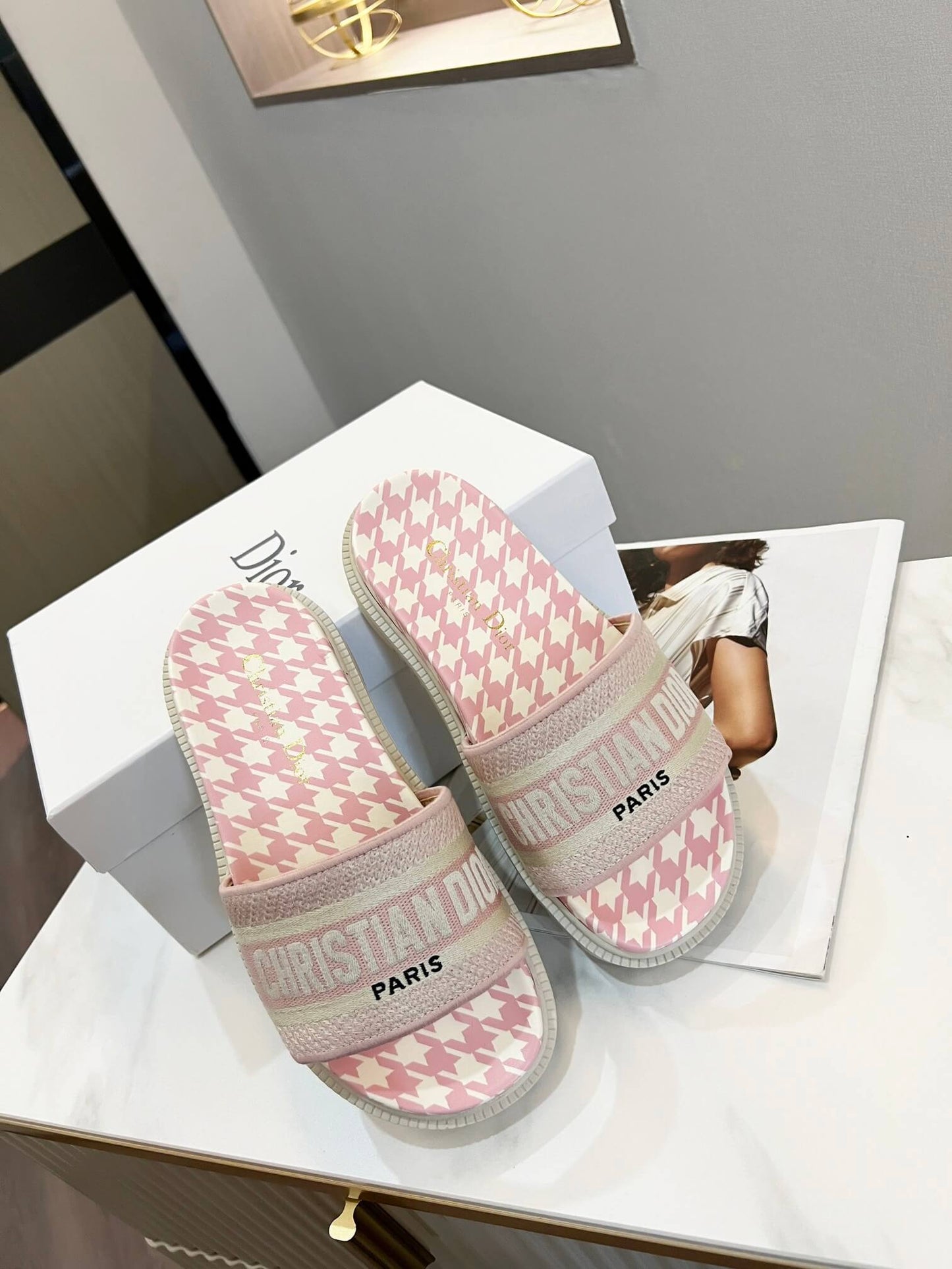 Dior D-Way Pink and White Houndstooth with Matching Embroidered Strap Slide