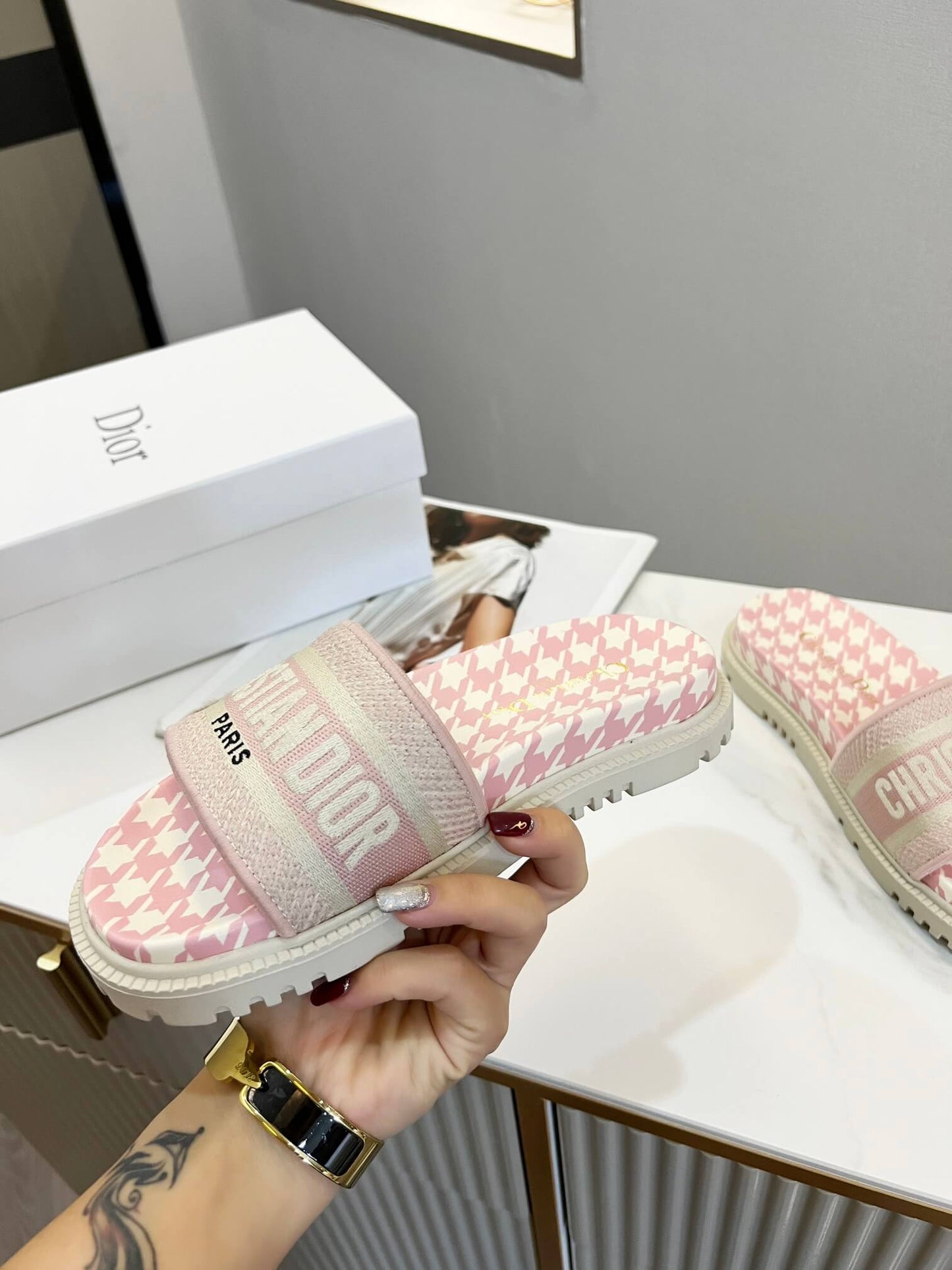 Dior D-Way Pink and White Houndstooth with Matching Embroidered Strap Slide