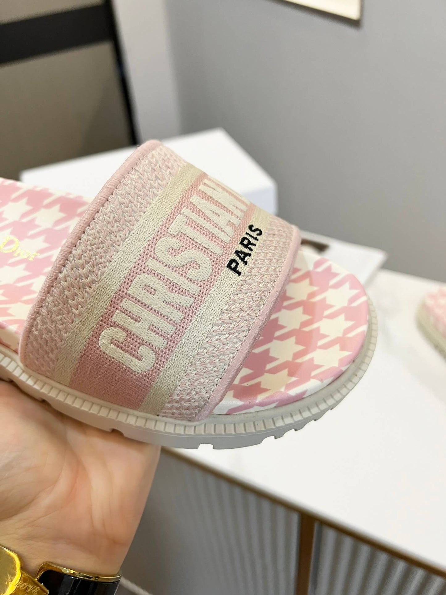 Dior D-Way Pink and White Houndstooth with Matching Embroidered Strap Slide