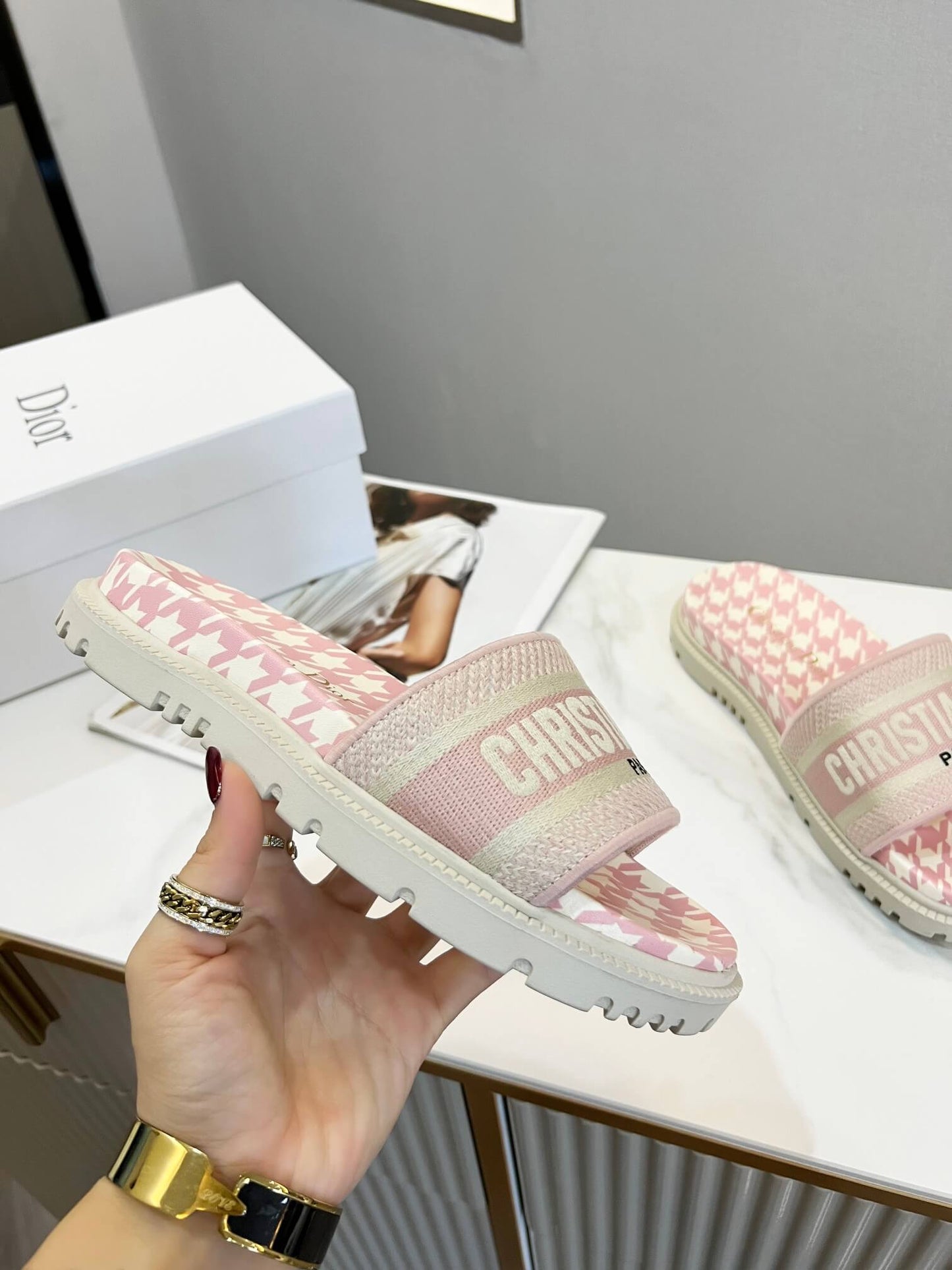 Dior D-Way Pink and White Houndstooth with Matching Embroidered Strap Slide