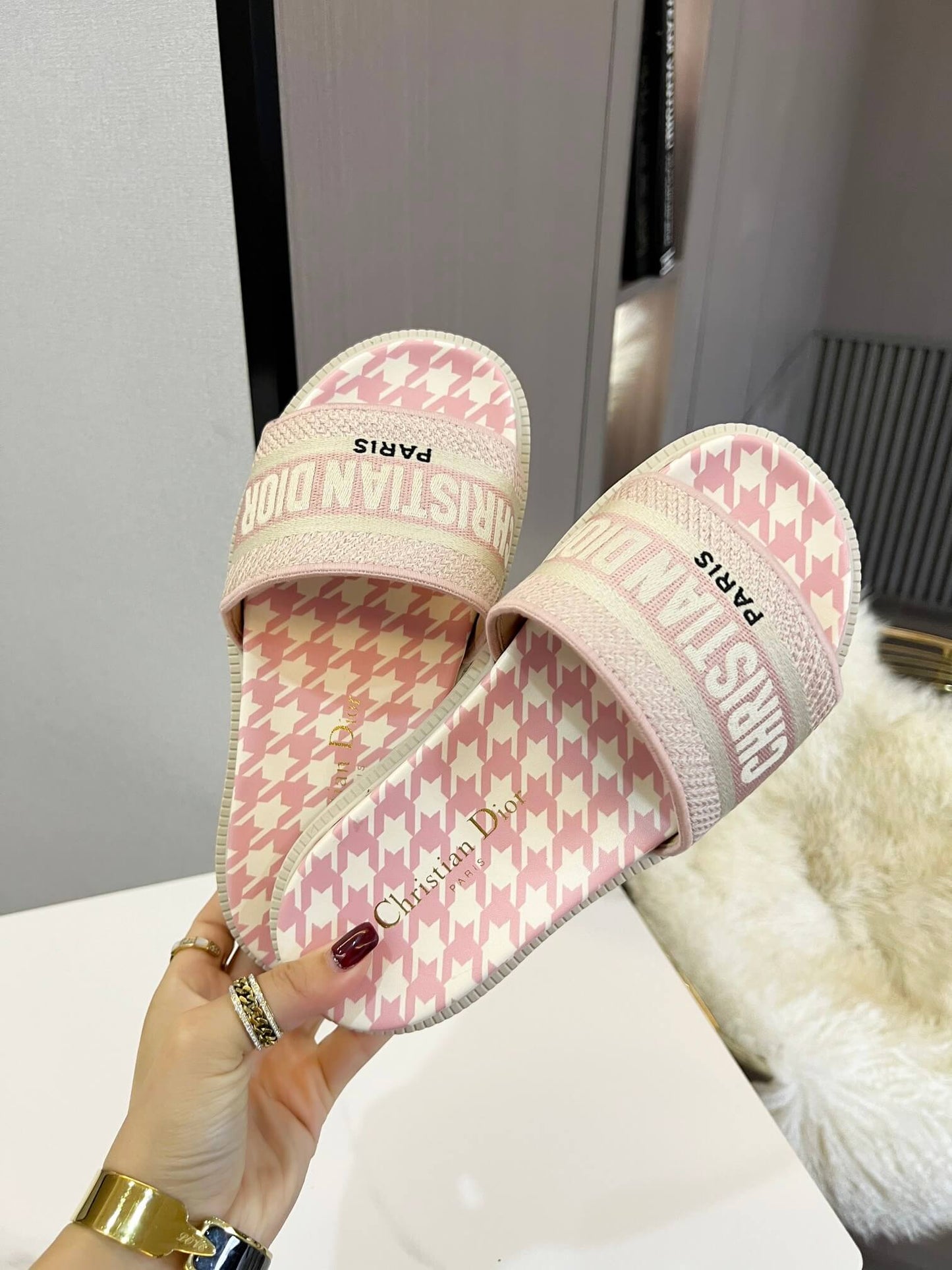 Dior D-Way Pink and White Houndstooth with Matching Embroidered Strap Slide