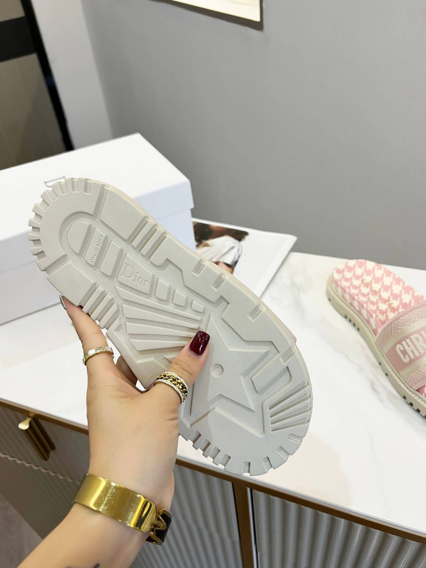 Dior D-Way Pink and White Houndstooth with Matching Embroidered Strap Slide
