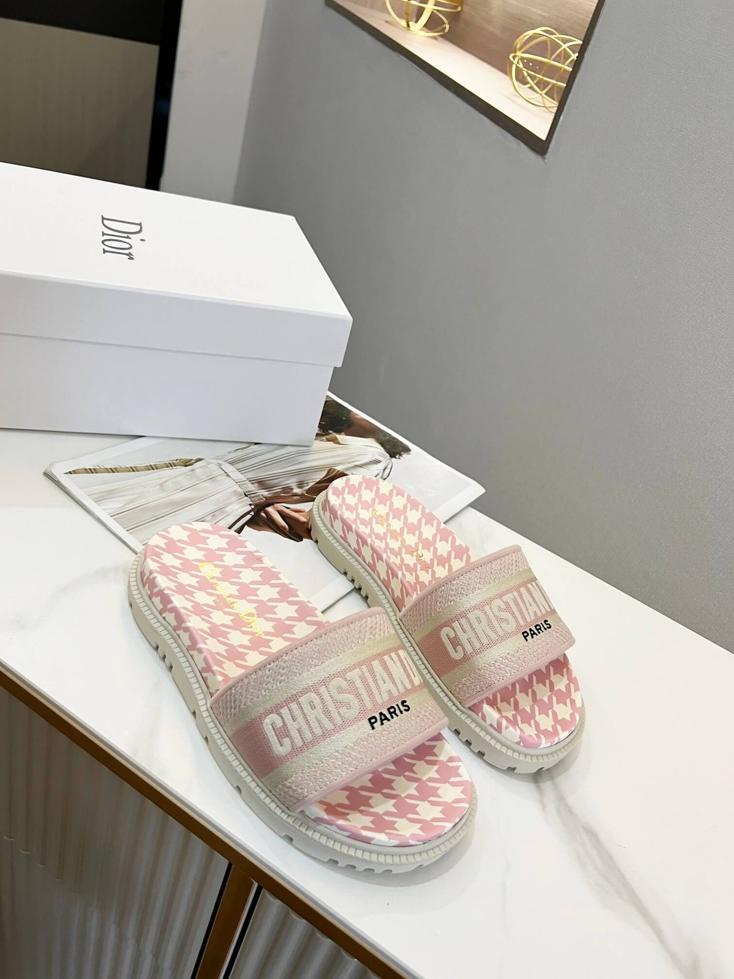 Dior D-Way Pink and White Houndstooth with Matching Embroidered Strap Slide