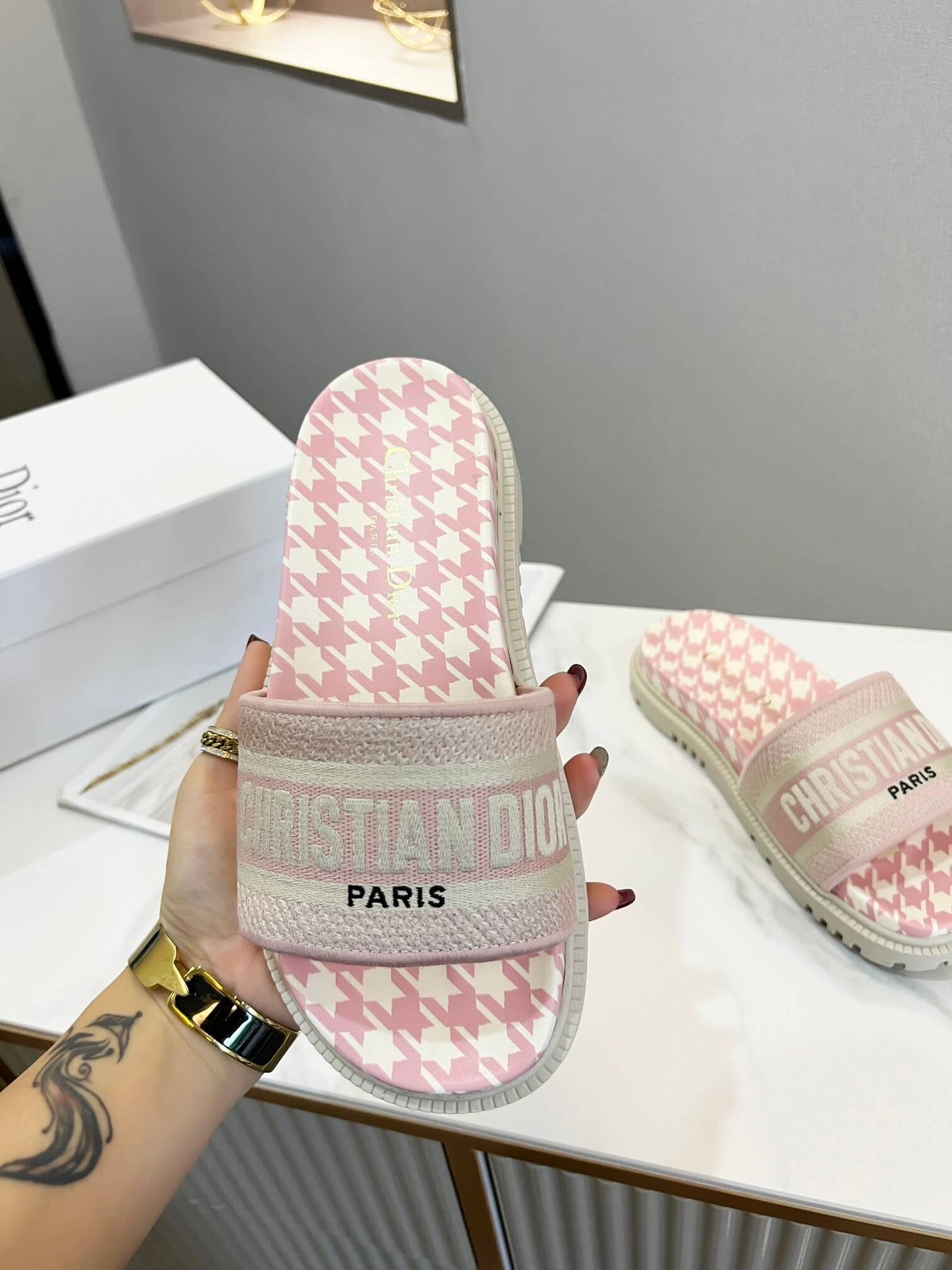 Dior D-Way Pink and White Houndstooth with Matching Embroidered Strap Slide