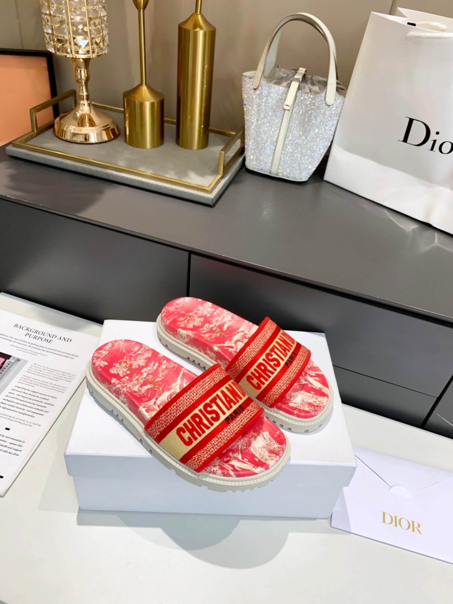 Dior D-Way Red Marble with Bold Orange Embroidered Strap Slides