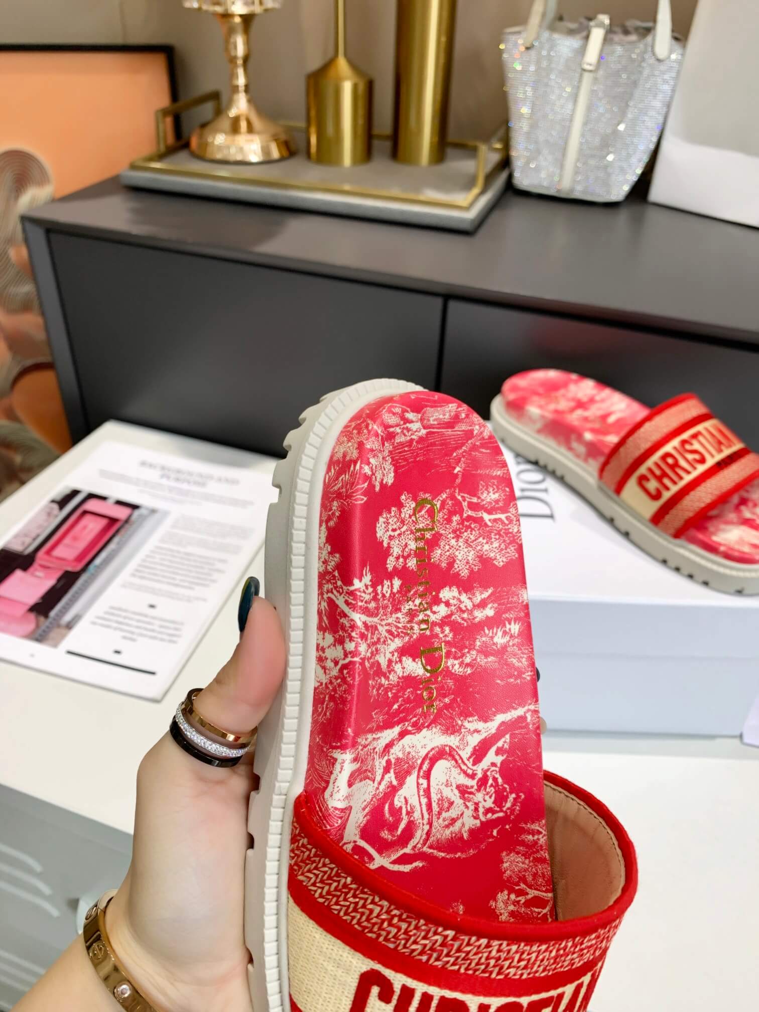 Dior D-Way Red Marble with Bold Orange Embroidered Strap Slides