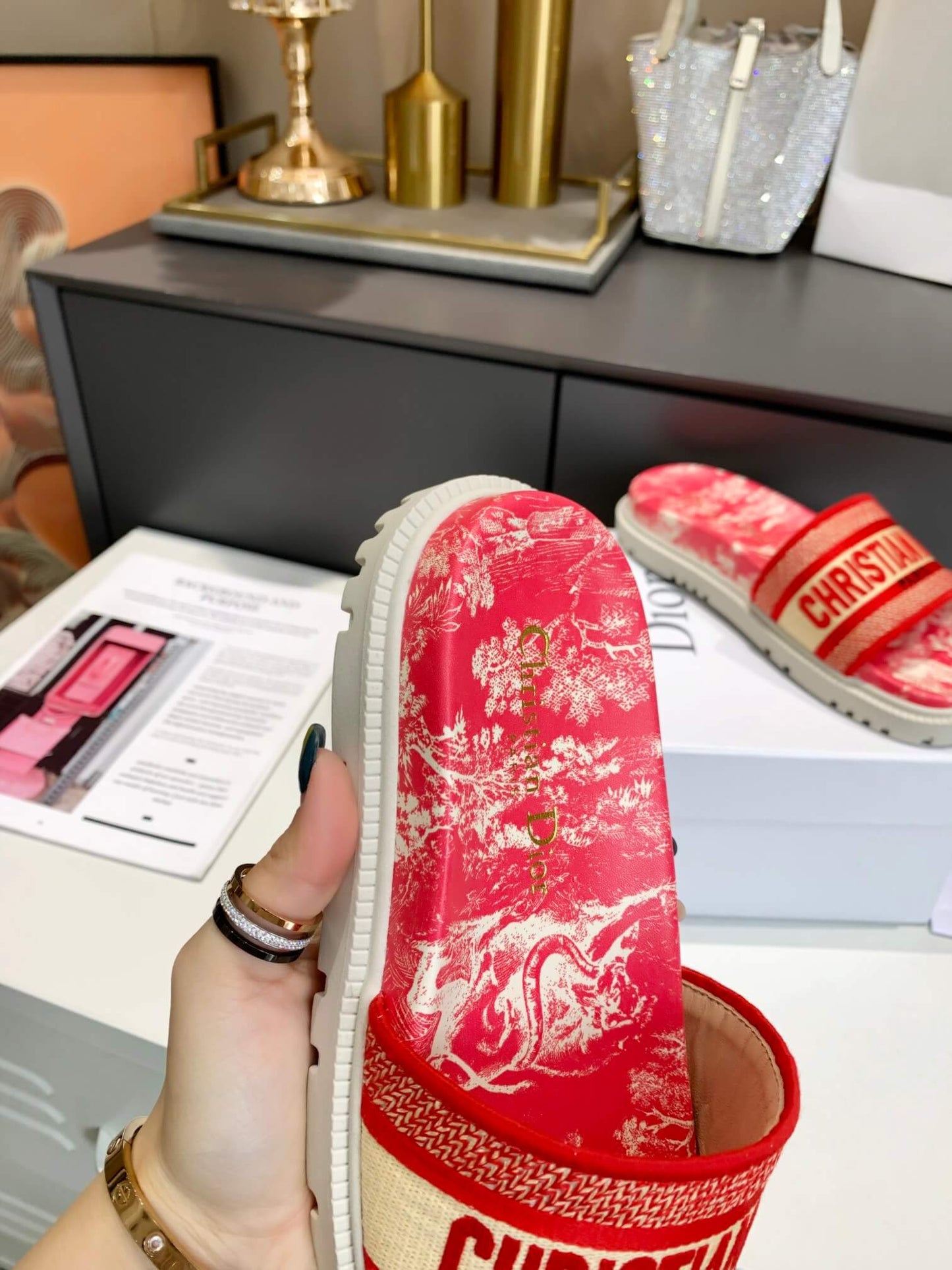 Dior D-Way Red Marble with Bold Orange Embroidered Strap Slides