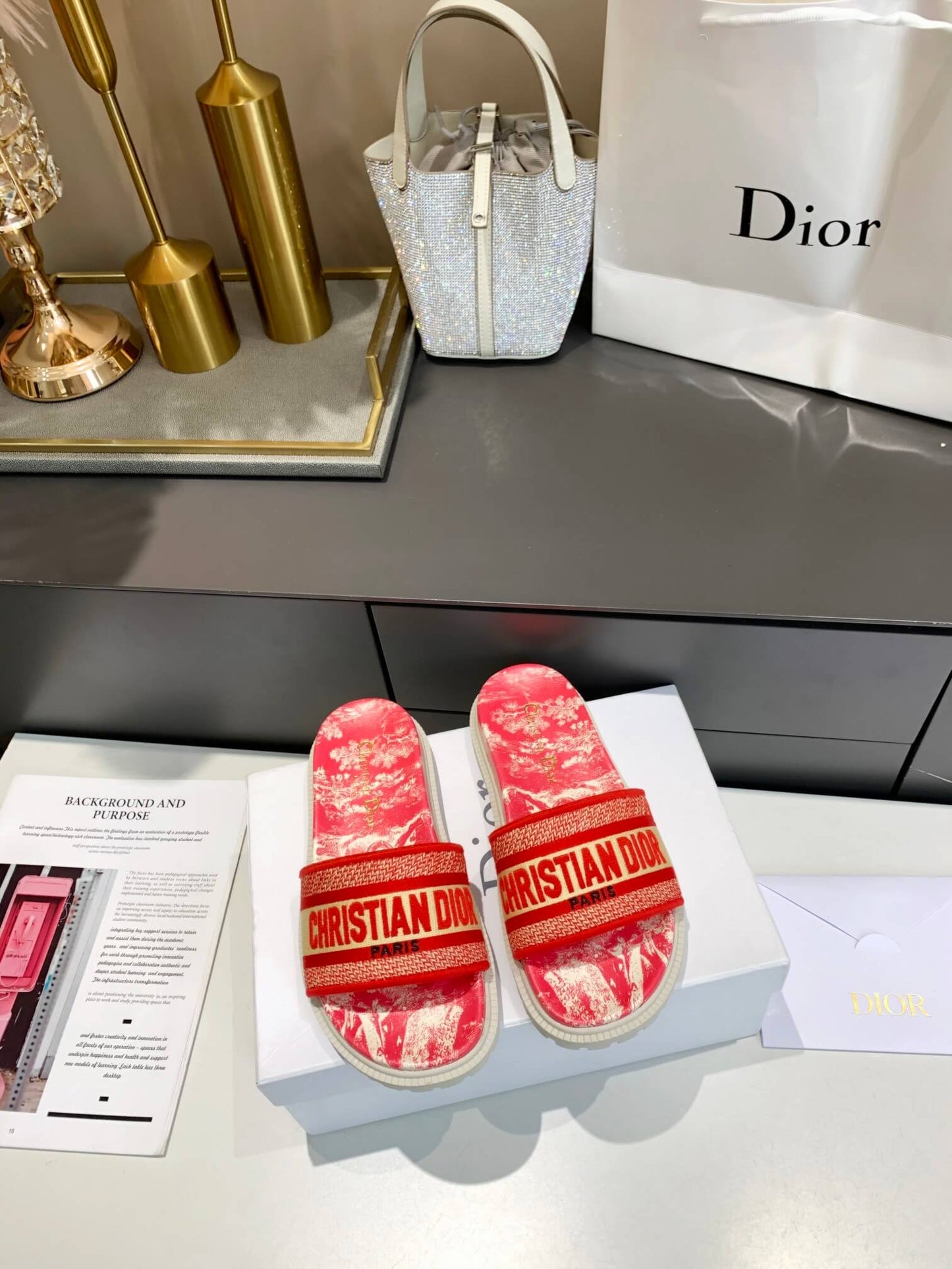 Dior D-Way Red Marble with Bold Orange Embroidered Strap Slides