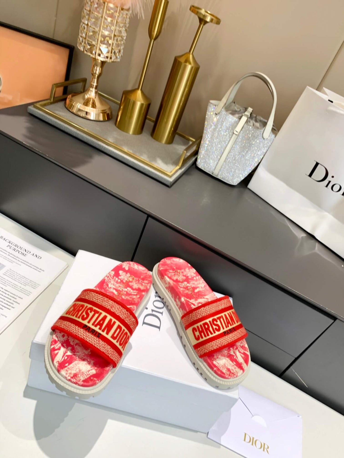 Dior D-Way Red Marble with Bold Orange Embroidered Strap Slides
