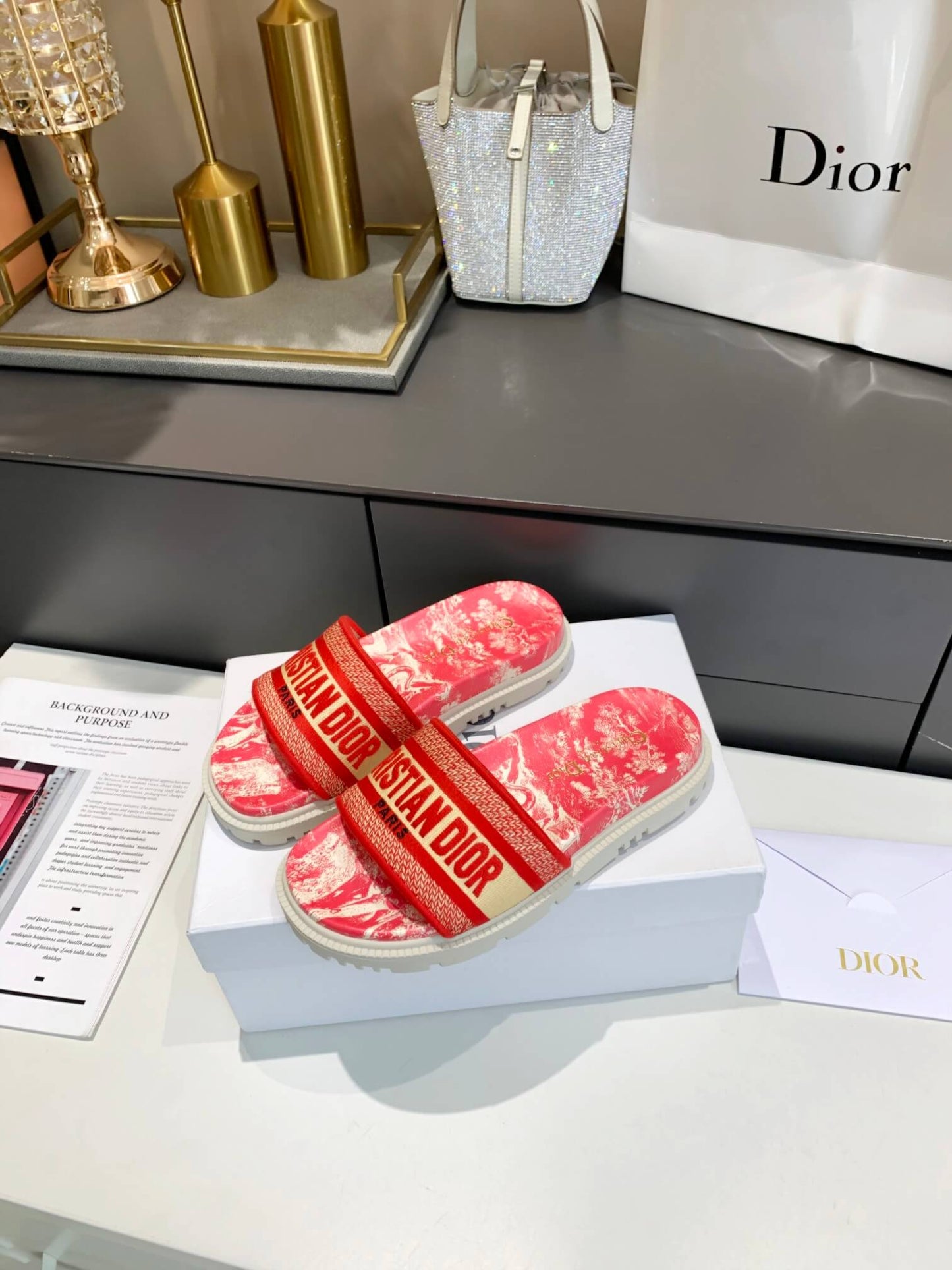 Dior D-Way Red Marble with Bold Orange Embroidered Strap Slides