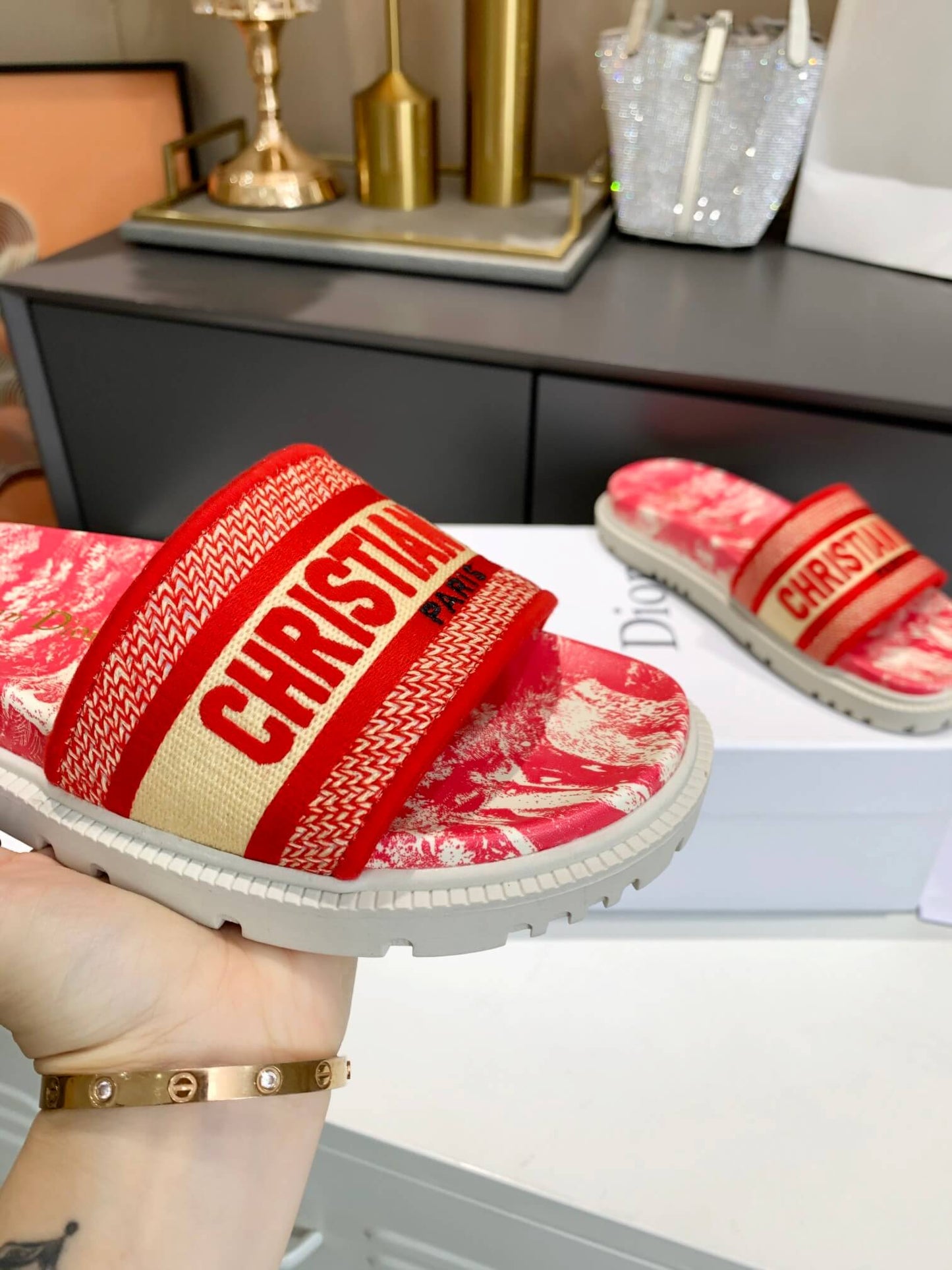 Dior D-Way Red Marble with Bold Orange Embroidered Strap Slides