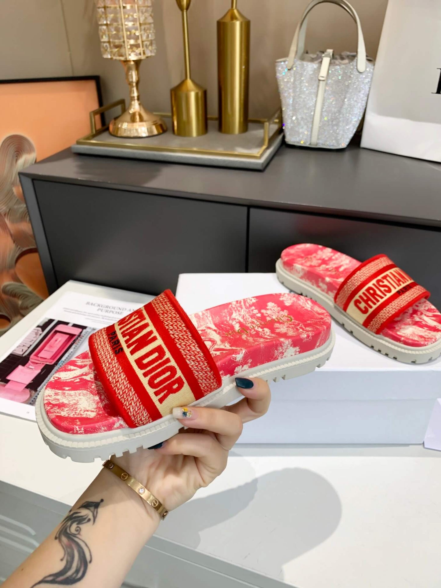 Dior D-Way Red Marble with Bold Orange Embroidered Strap Slides