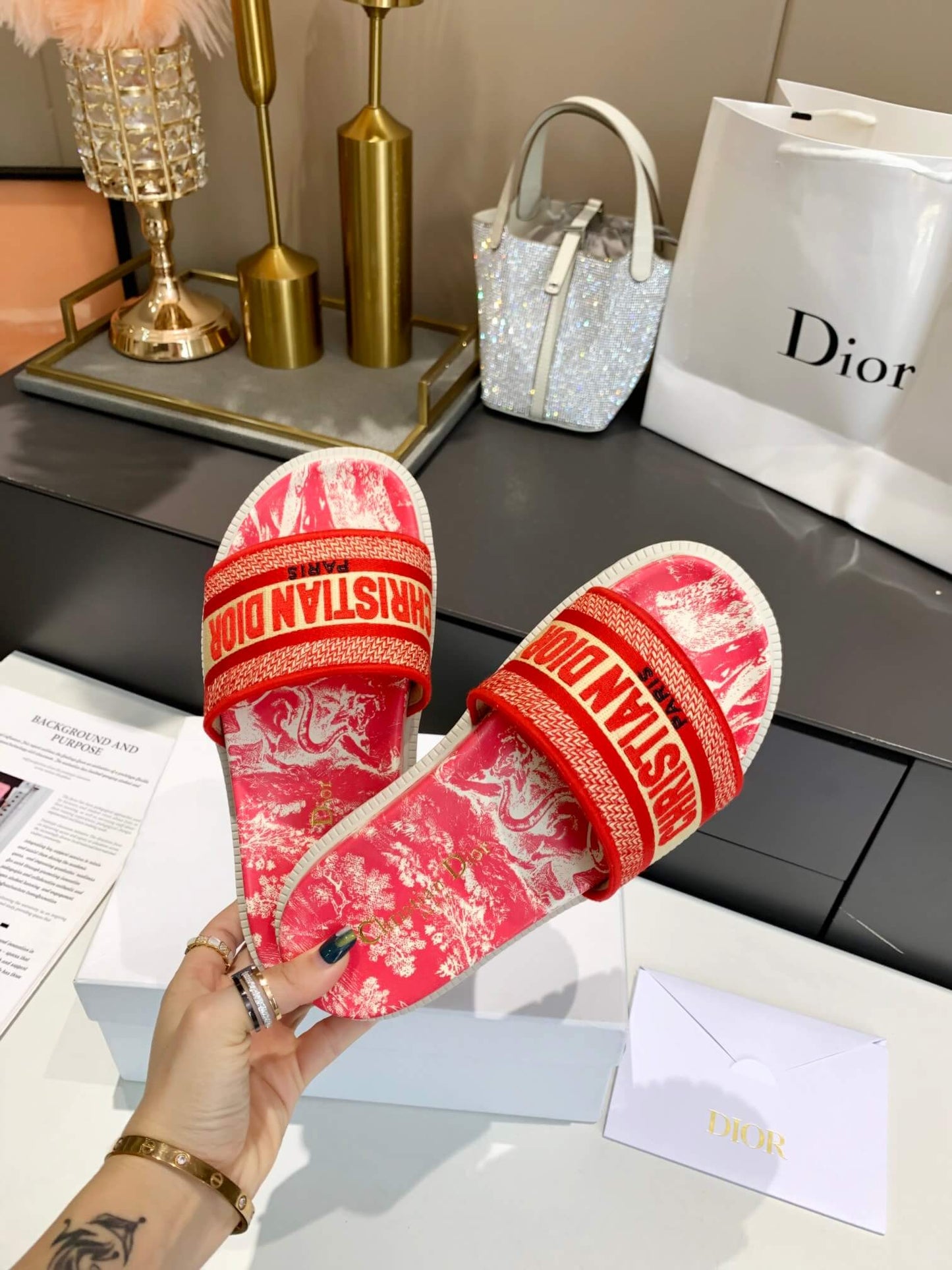 Dior D-Way Red Marble with Bold Orange Embroidered Strap Slides