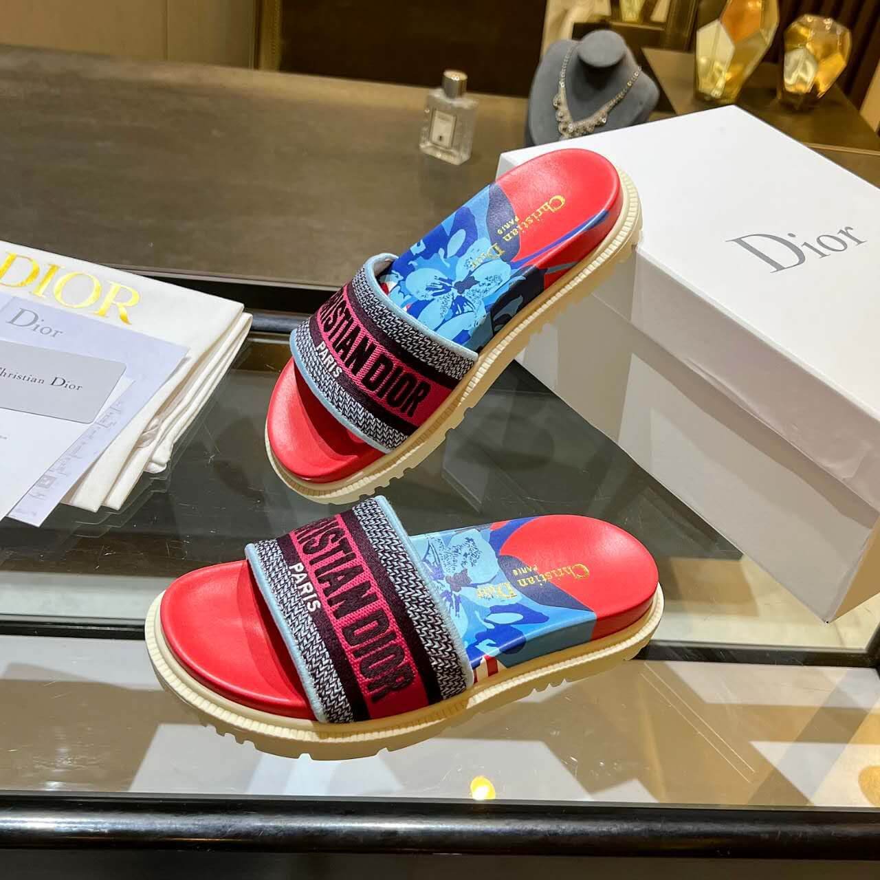 Dior D-Way  Red and Navy Multicolor with Vibrant Embroidered Strap Slide