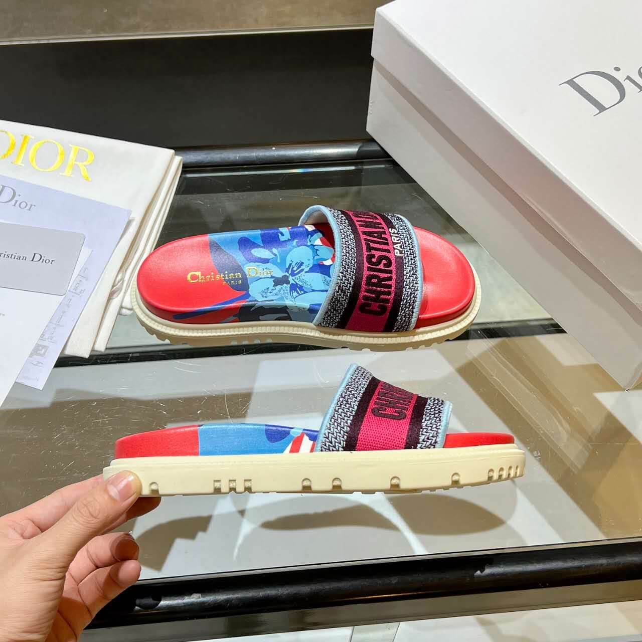 Dior D-Way  Red and Navy Multicolor with Vibrant Embroidered Strap Slide