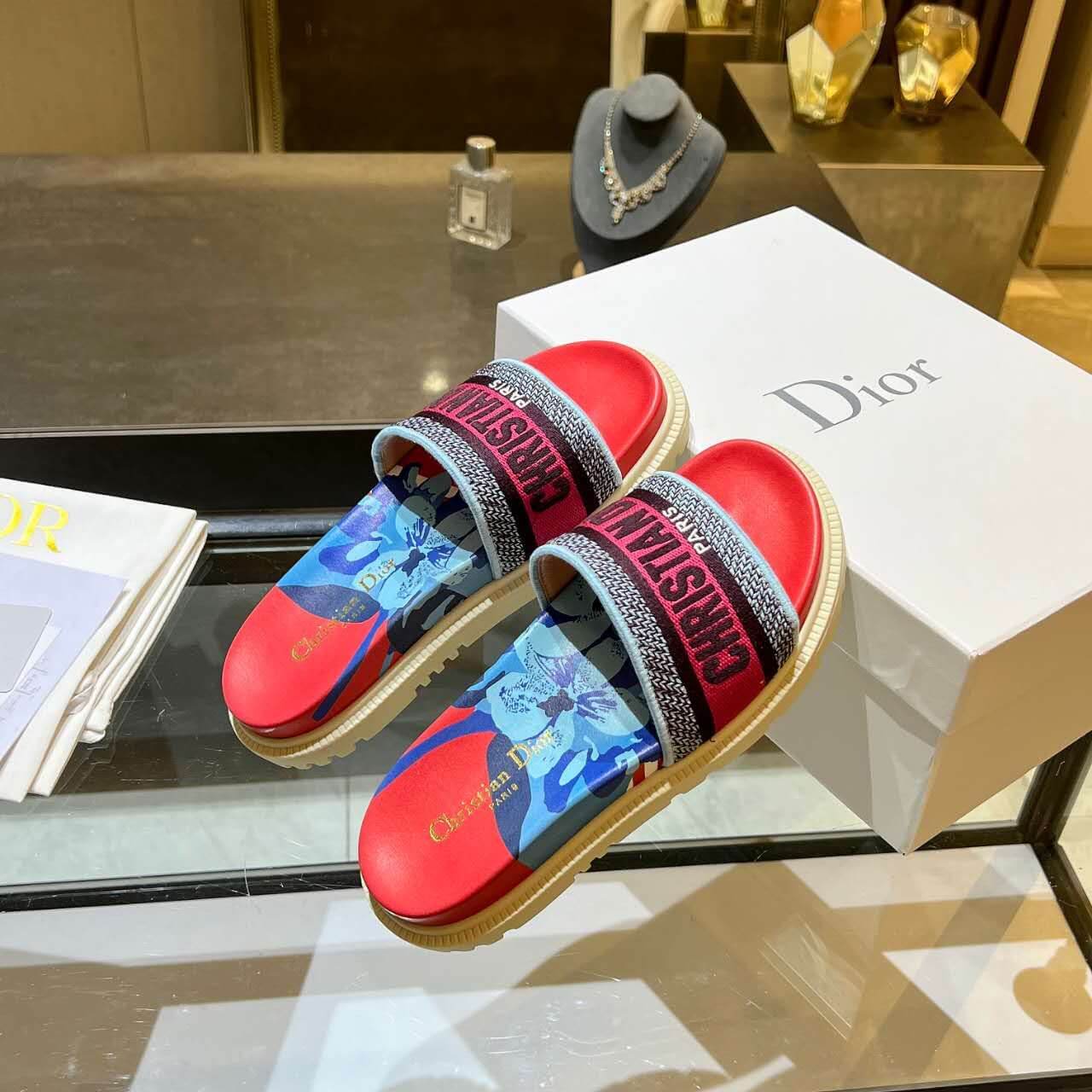 Dior D-Way  Red and Navy Multicolor with Vibrant Embroidered Strap Slide