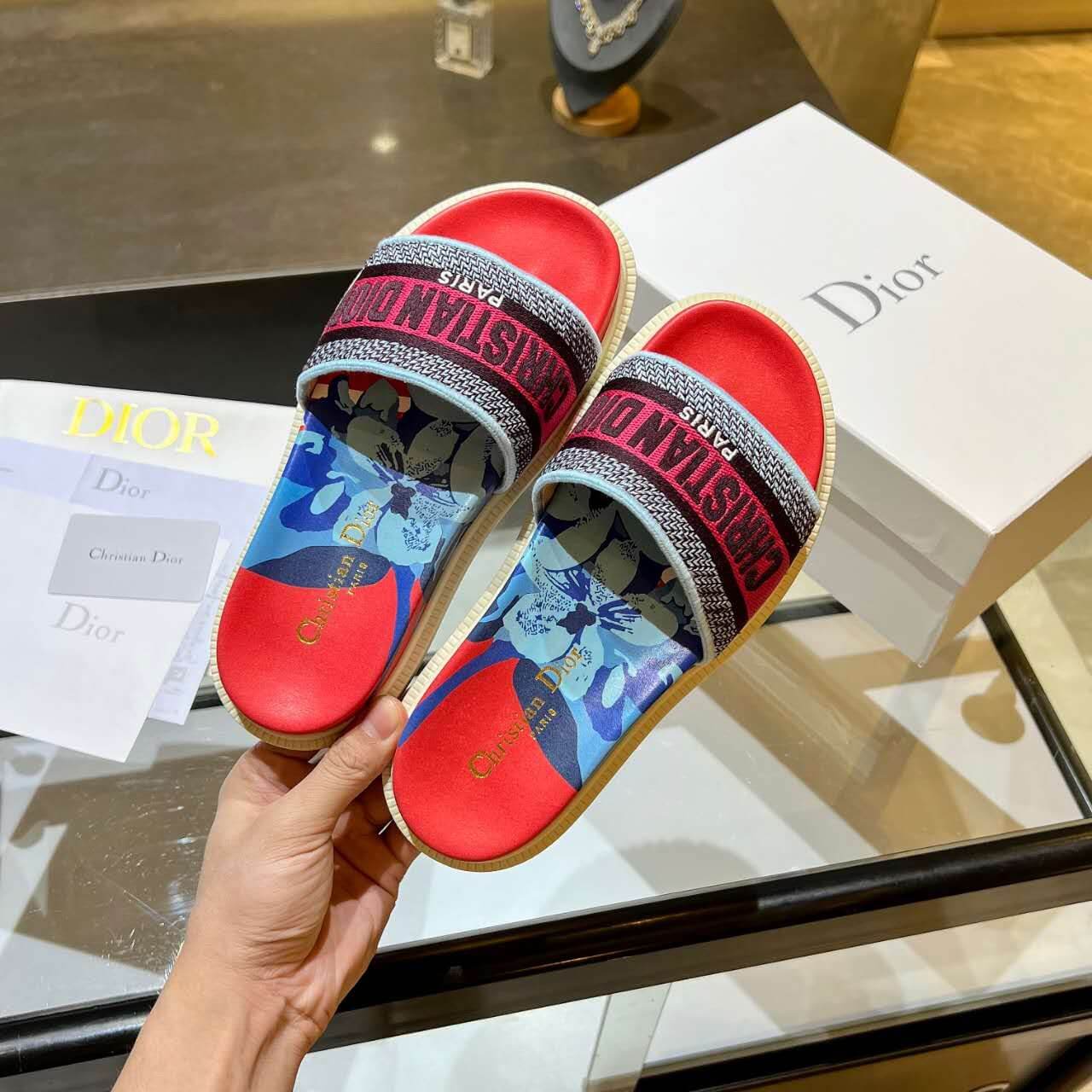 Dior D-Way  Red and Navy Multicolor with Vibrant Embroidered Strap Slide