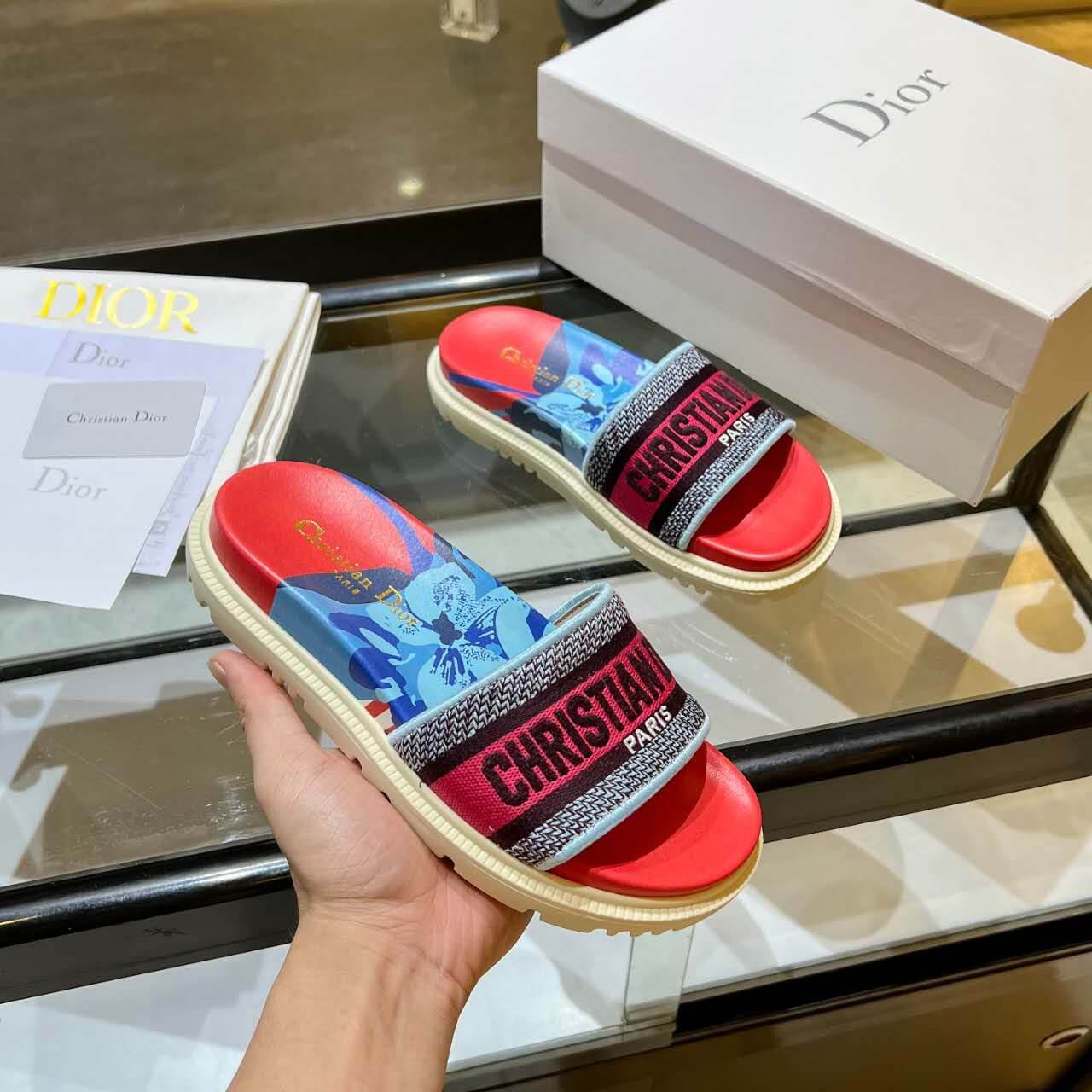 Dior D-Way  Red and Navy Multicolor with Vibrant Embroidered Strap Slide