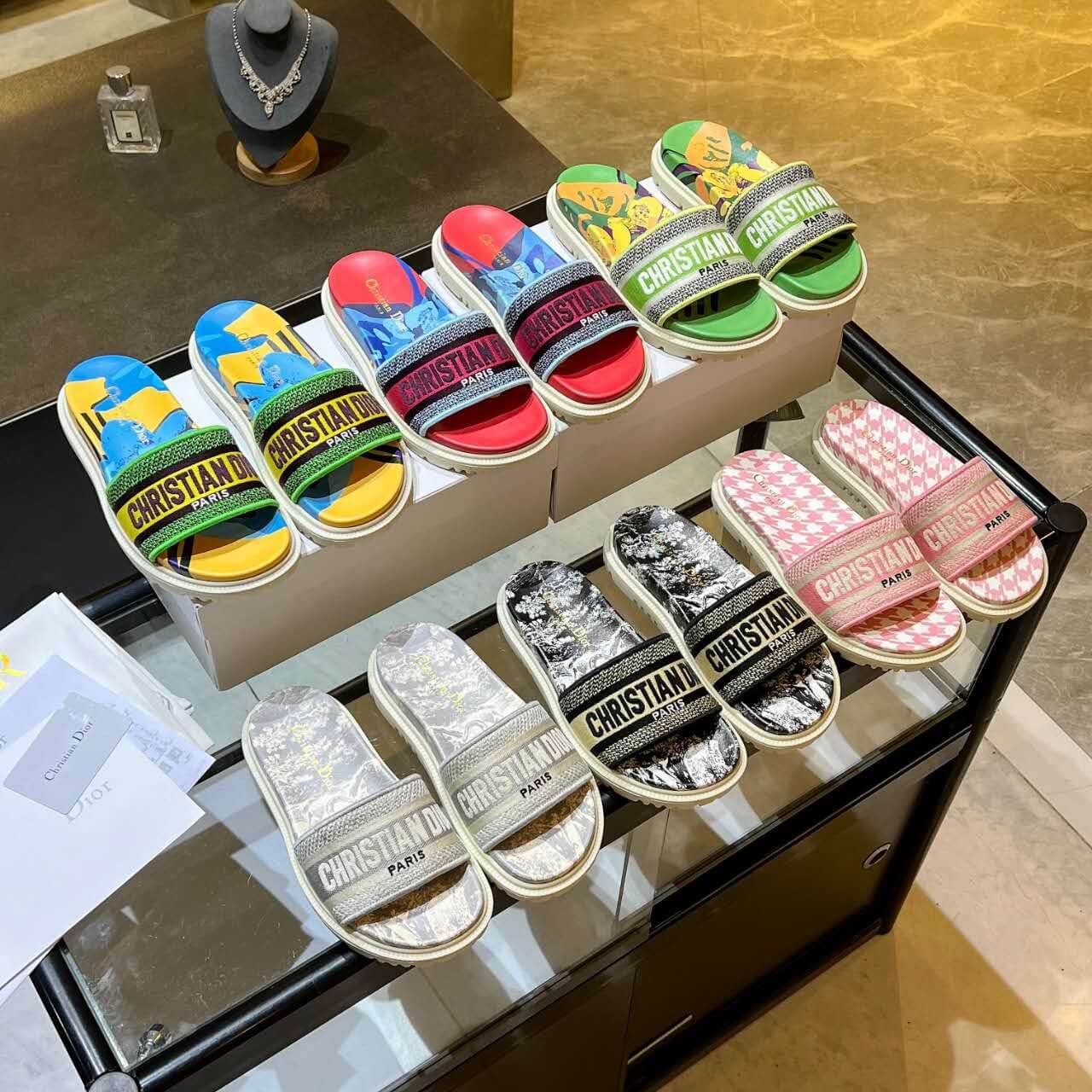 Dior D-Way  Red and Navy Multicolor with Vibrant Embroidered Strap Slide