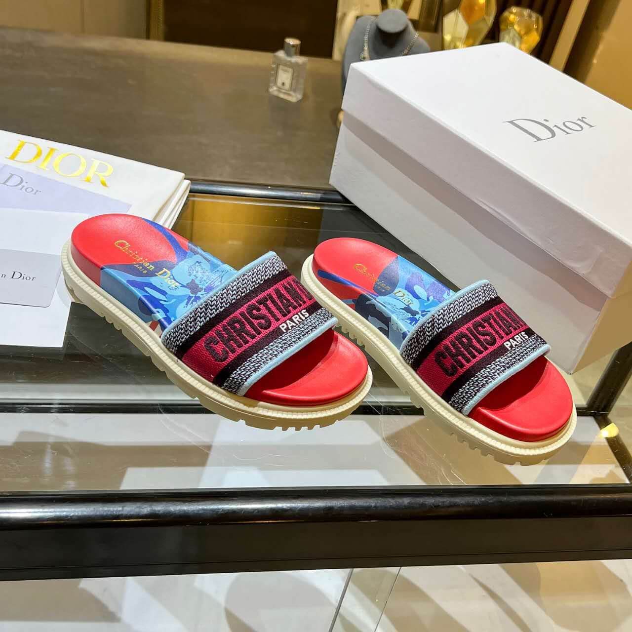 Dior D-Way  Red and Navy Multicolor with Vibrant Embroidered Strap Slide