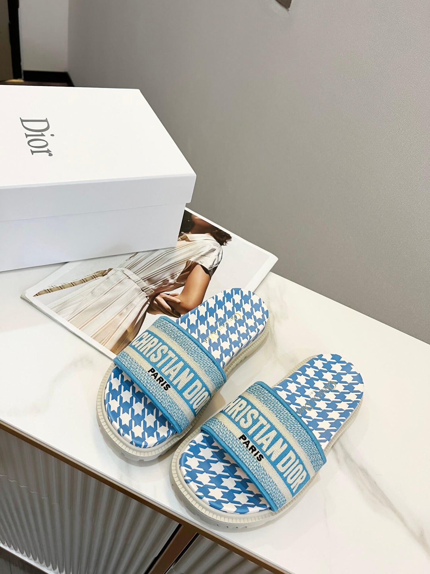 Dior D-Way Sky Blue and White Houndstooth with Matching Embroidered Strap Slide