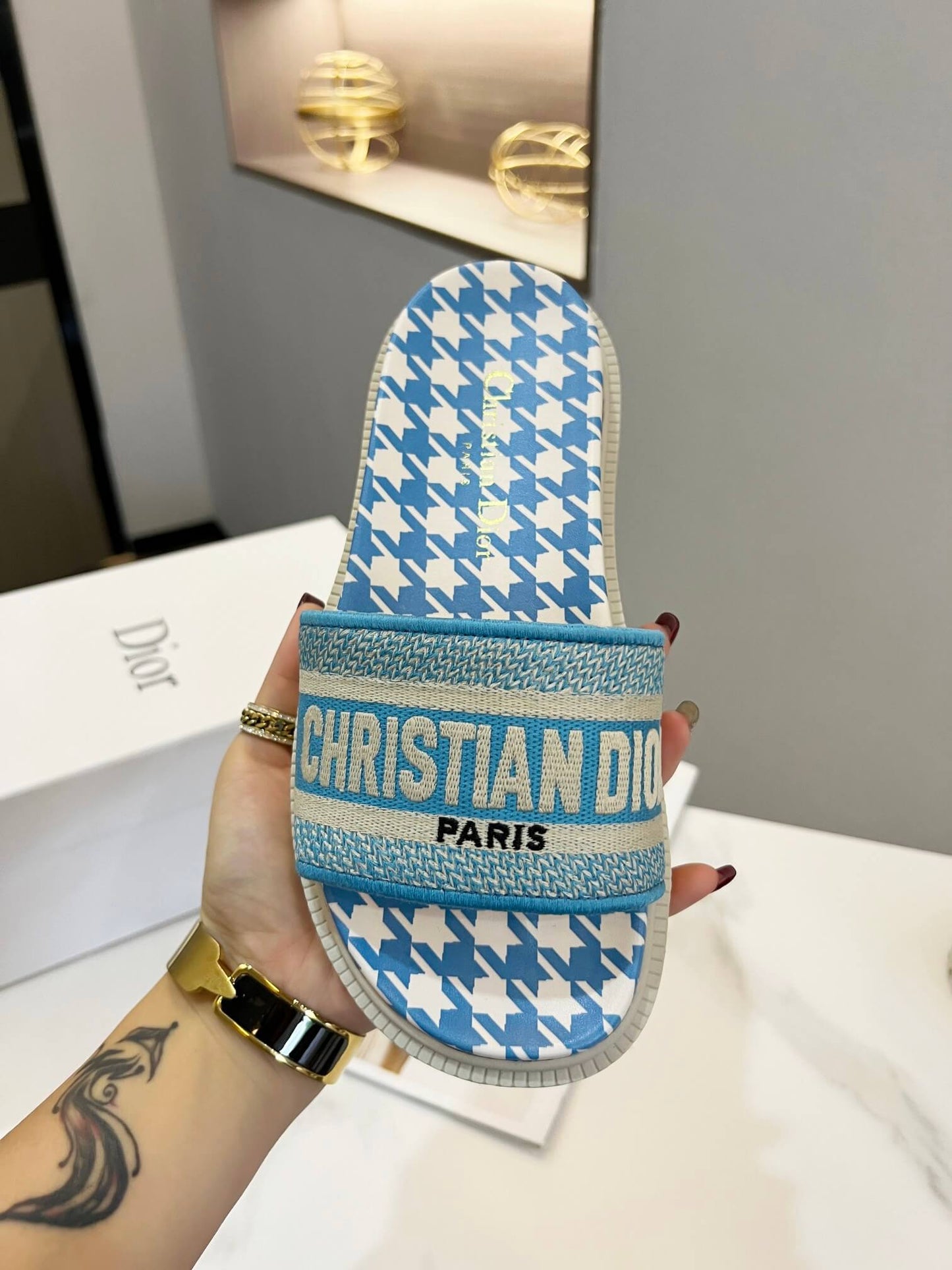 Dior D-Way Sky Blue and White Houndstooth with Matching Embroidered Strap Slide
