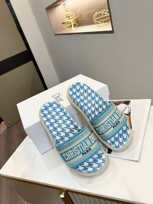 Dior D-Way Sky Blue and White Houndstooth with Matching Embroidered Strap Slide