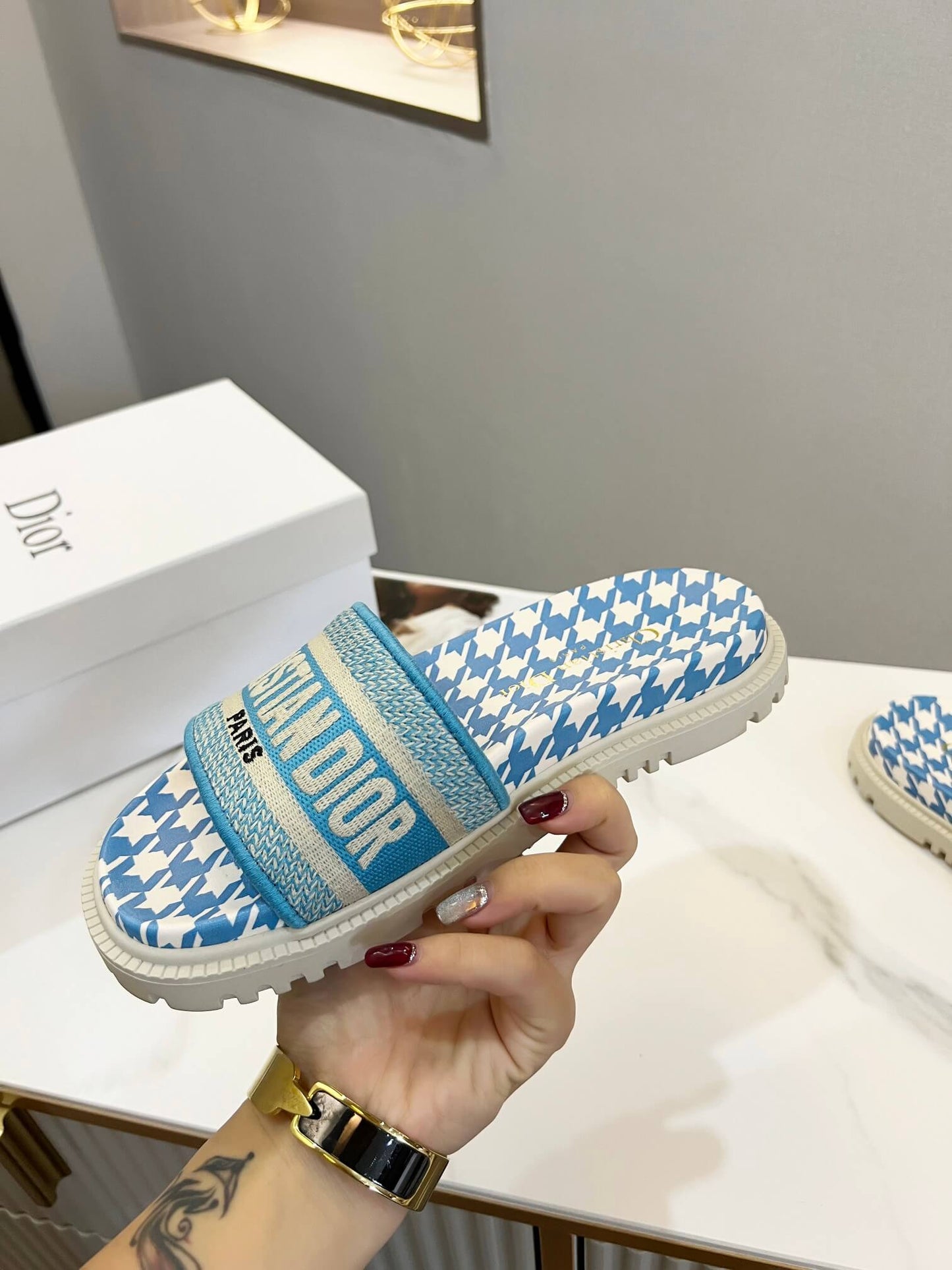 Dior D-Way Sky Blue and White Houndstooth with Matching Embroidered Strap Slide
