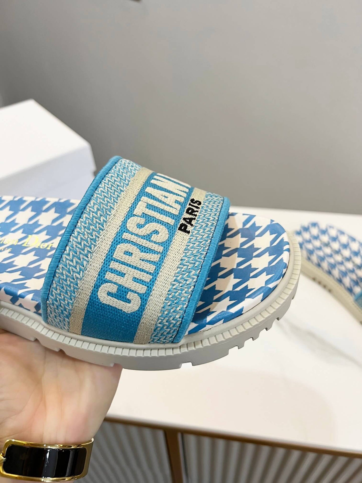 Dior D-Way Sky Blue and White Houndstooth with Matching Embroidered Strap Slide