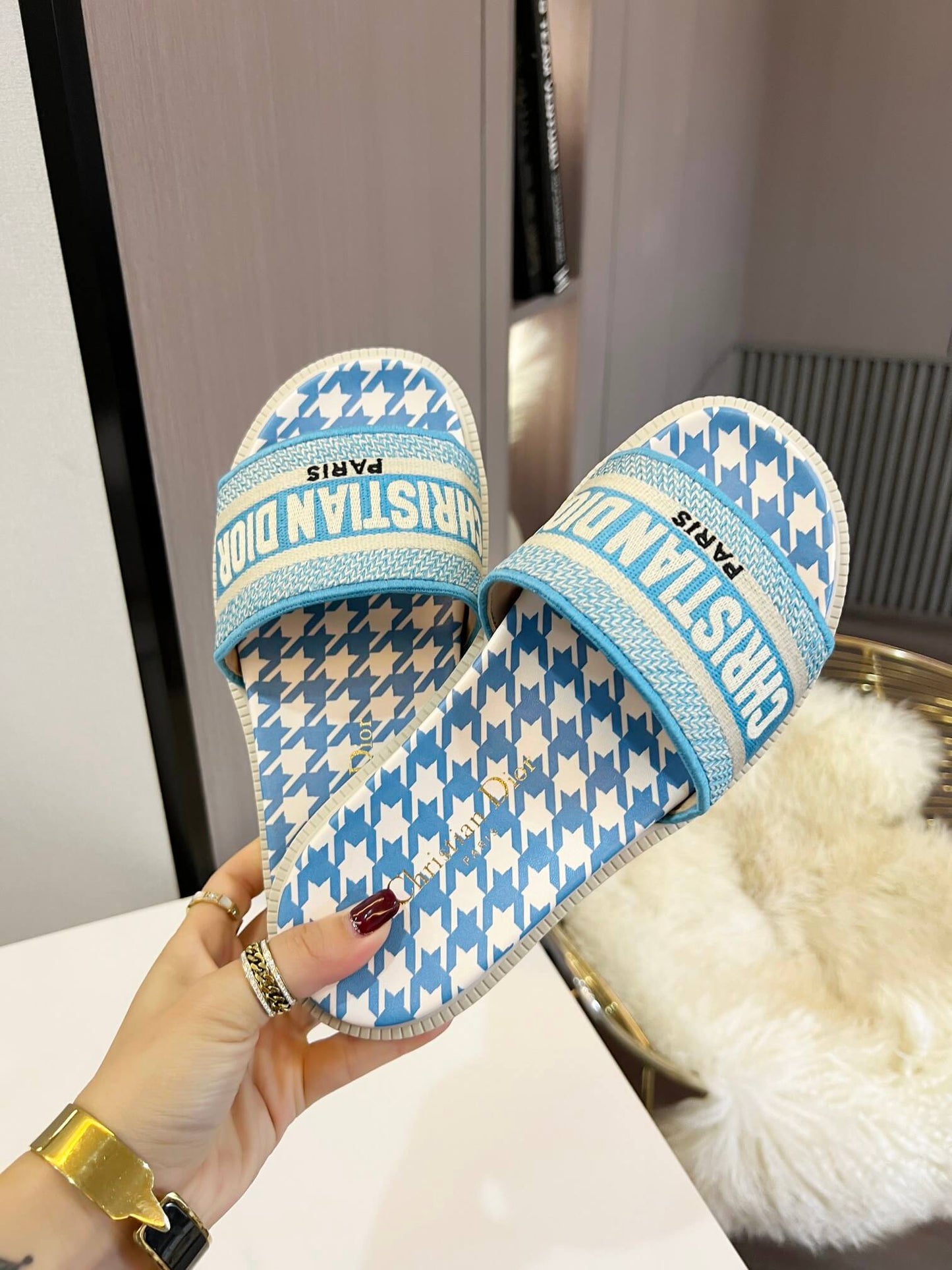 Dior D-Way Sky Blue and White Houndstooth with Matching Embroidered Strap Slide