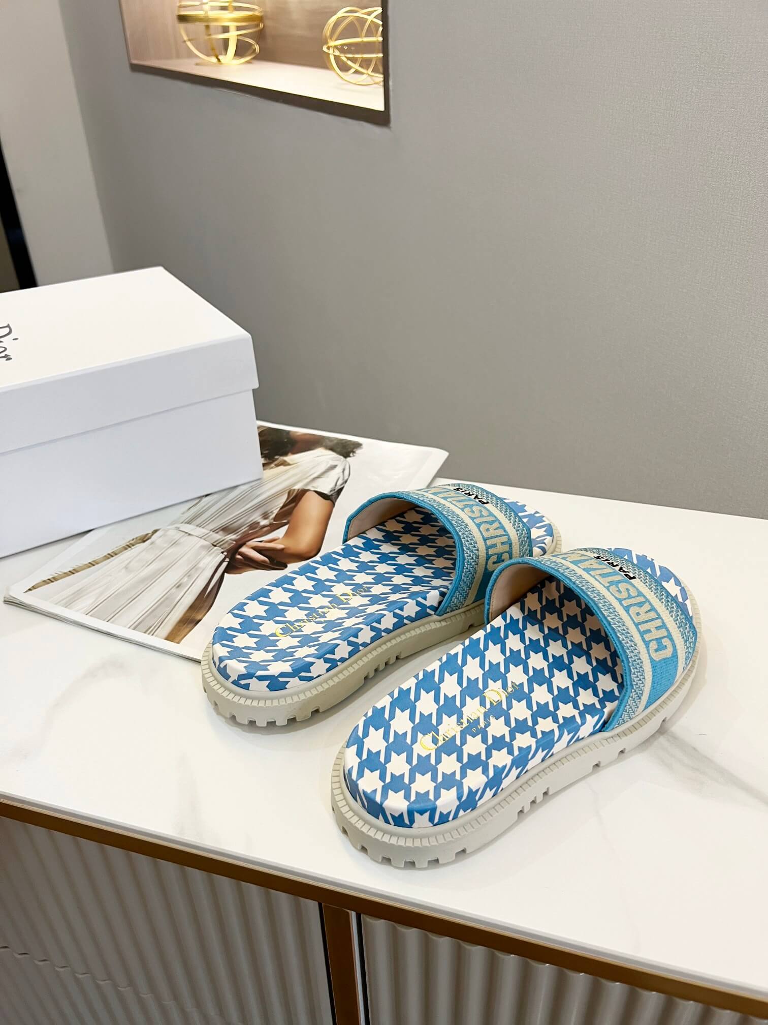 Dior D-Way Sky Blue and White Houndstooth with Matching