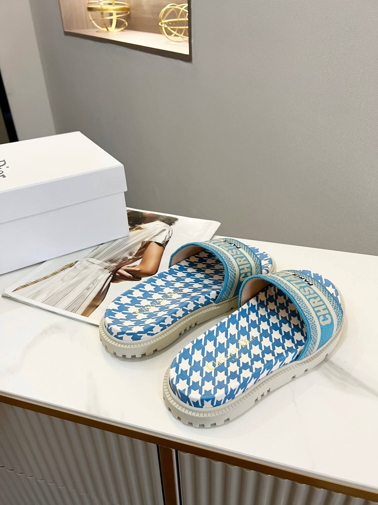 Dior D-Way Sky Blue and White Houndstooth with Matching Embroidered Strap Slide