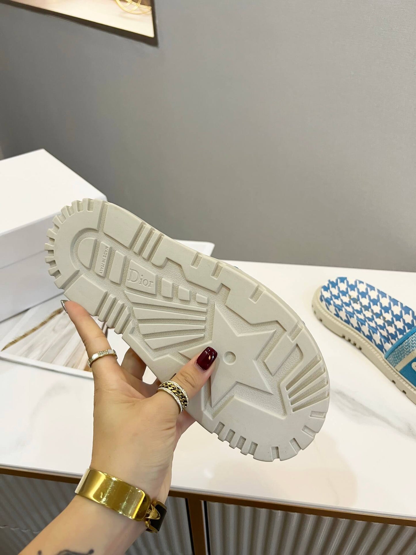 Dior D-Way Sky Blue and White Houndstooth with Matching Embroidered Strap Slide