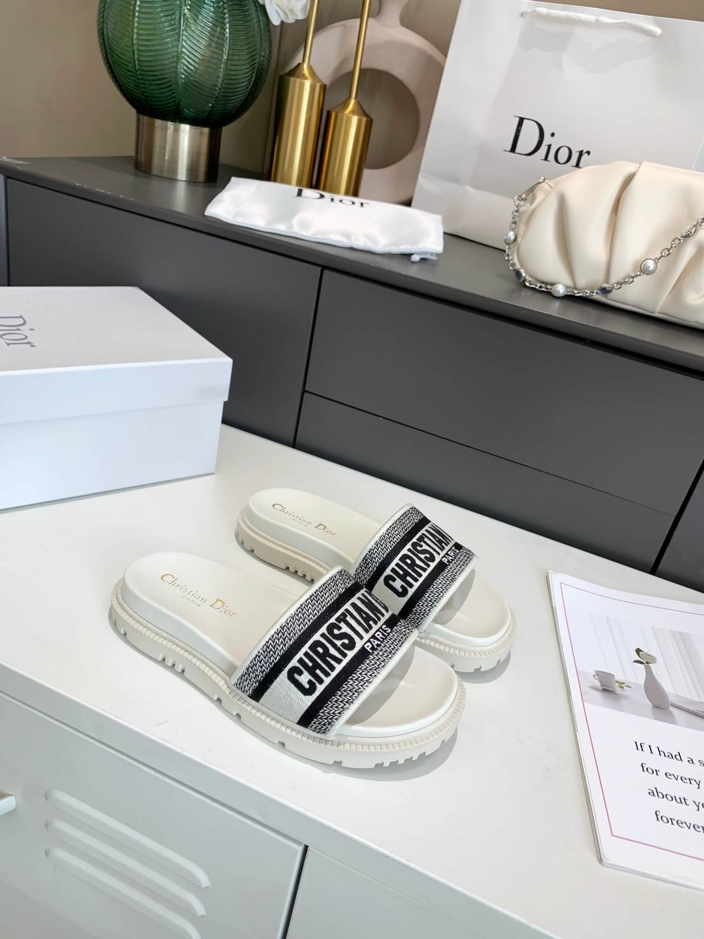 Dior D-Way White with Black Embroidered Strap Slides
