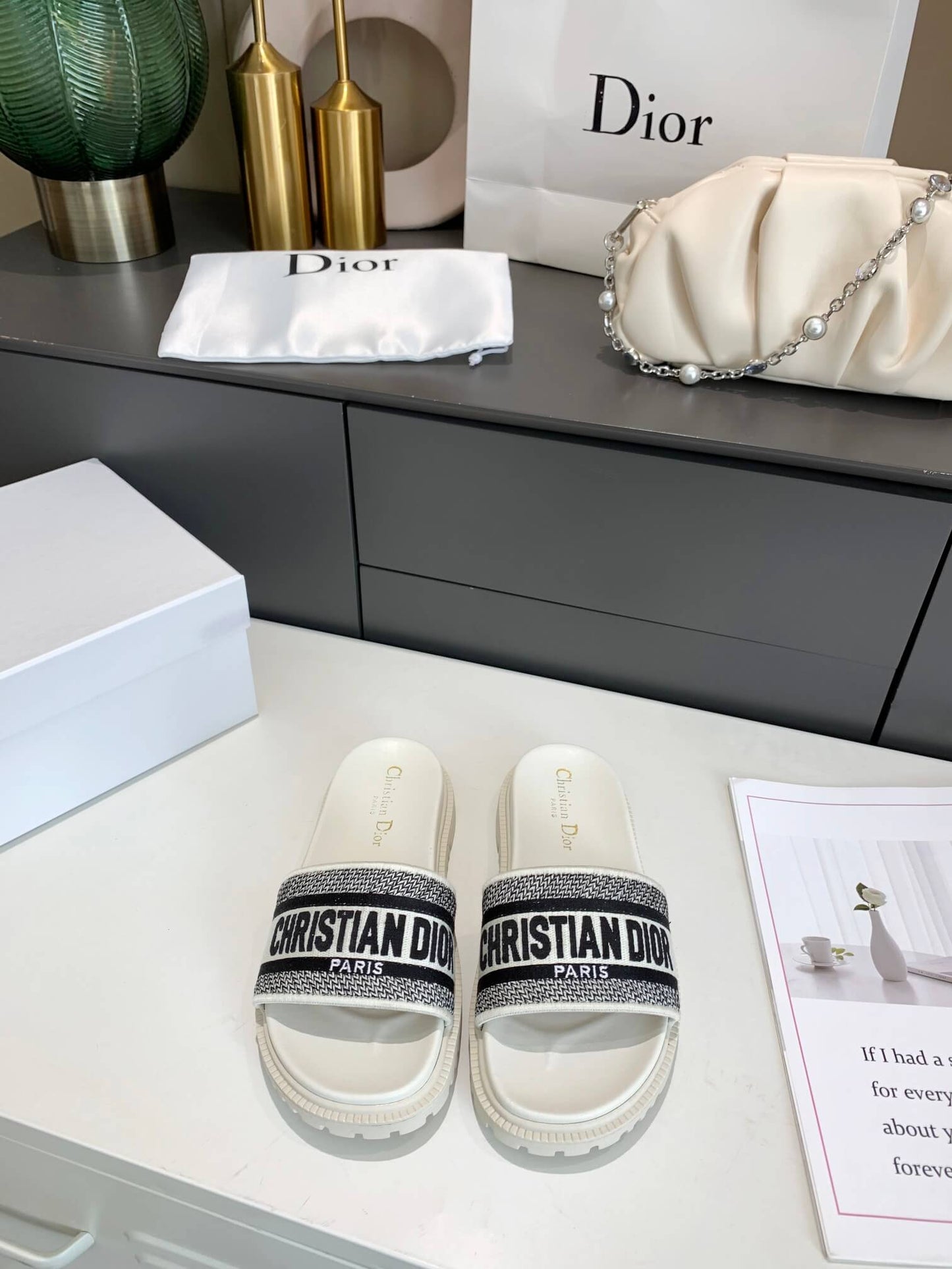 Dior D-Way White with Black Embroidered Strap Slides