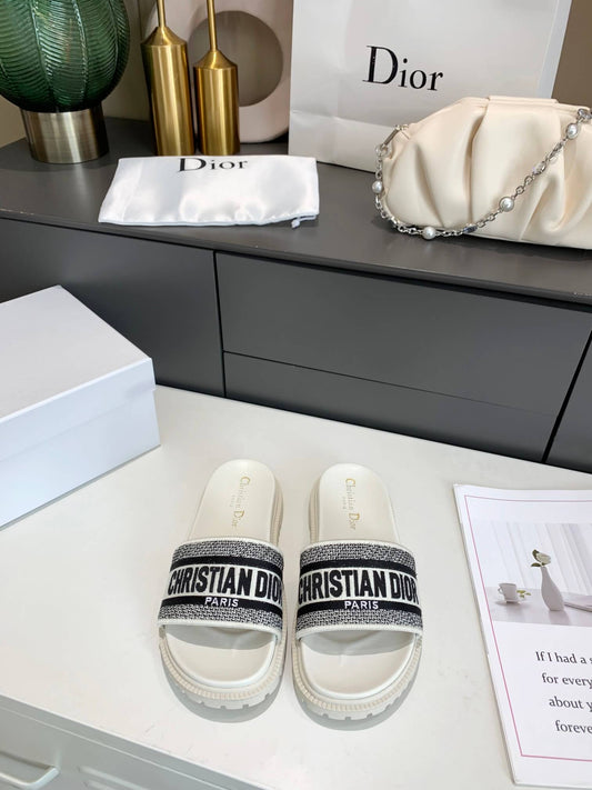 Dior D-Way White with Black Embroidered Strap Slides