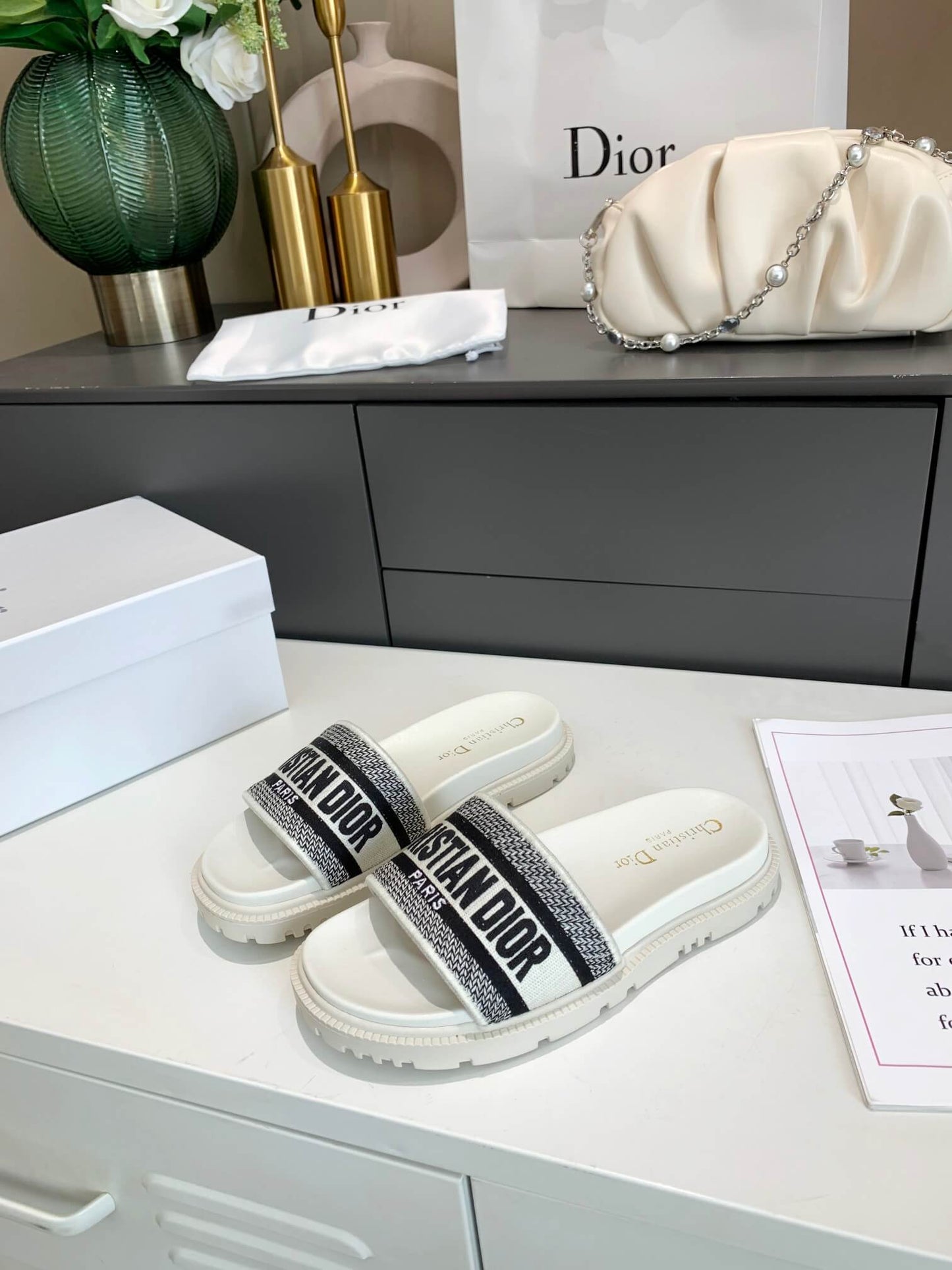 Dior D-Way White with Black Embroidered Strap Slides