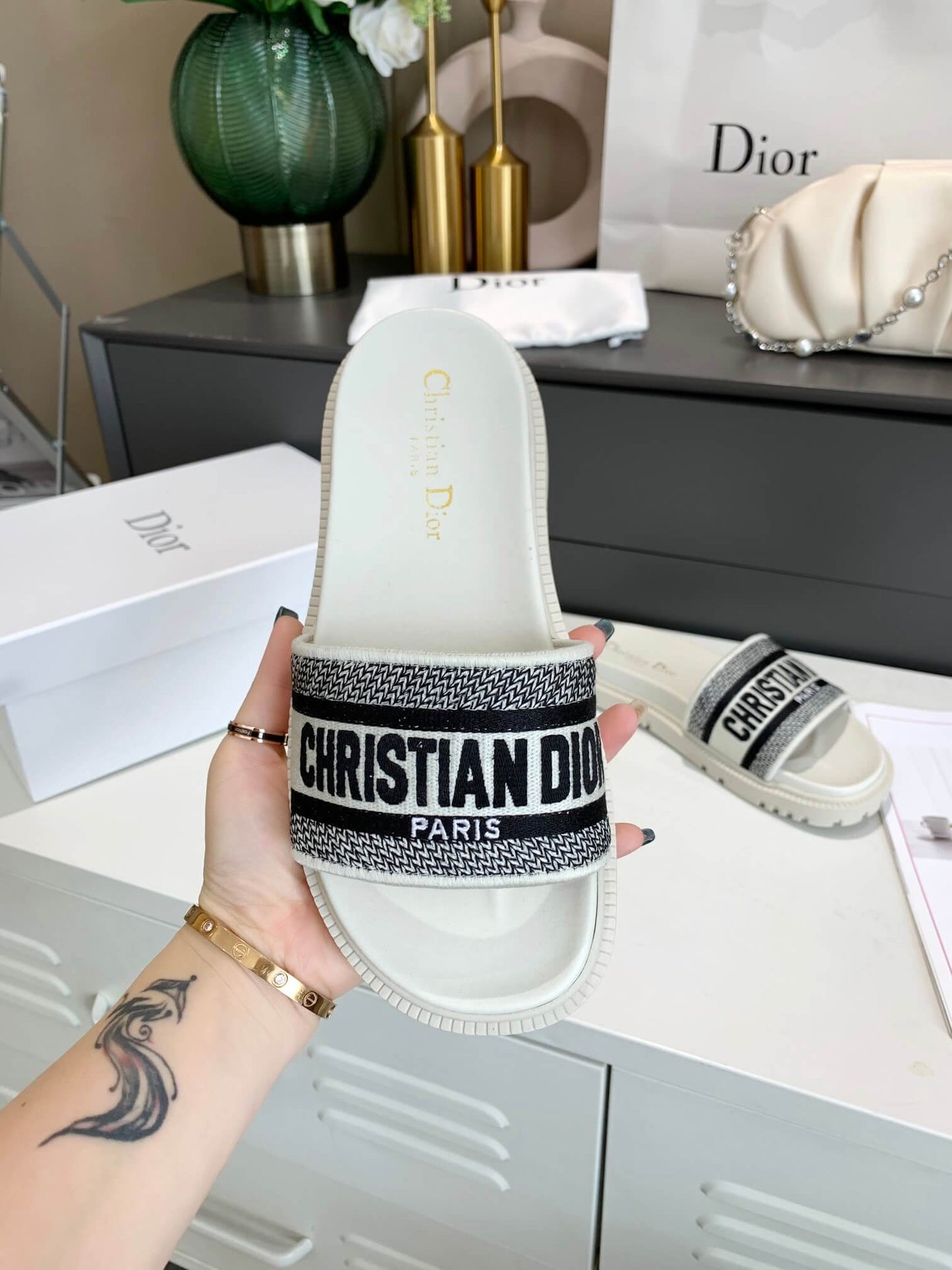 Dior D-Way White with Black Embroidered Strap Slides