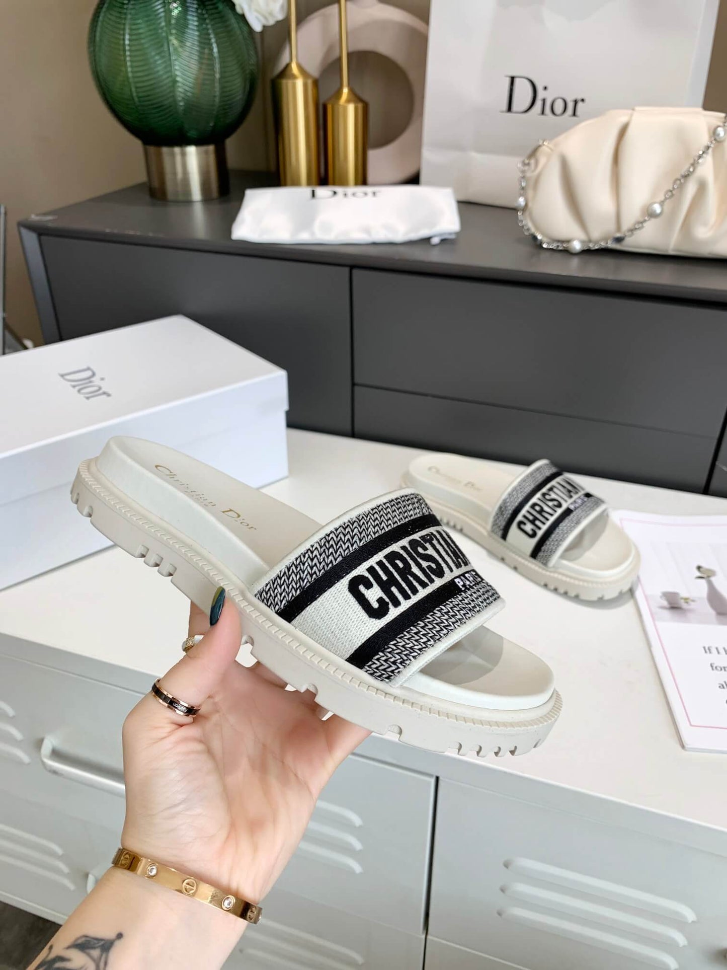 Dior D-Way White with Black Embroidered Strap Slides