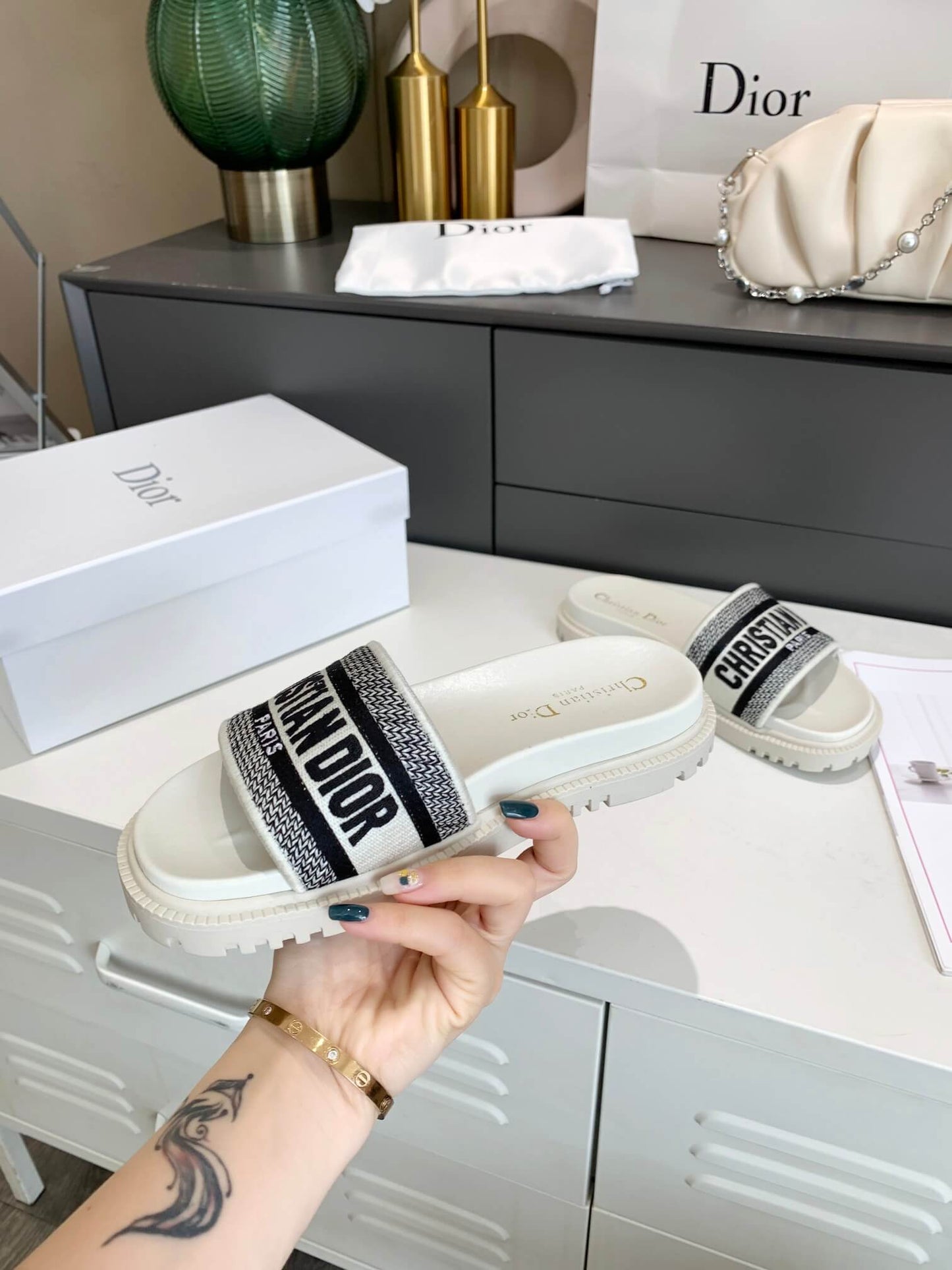 Dior D-Way White with Black Embroidered Strap Slides