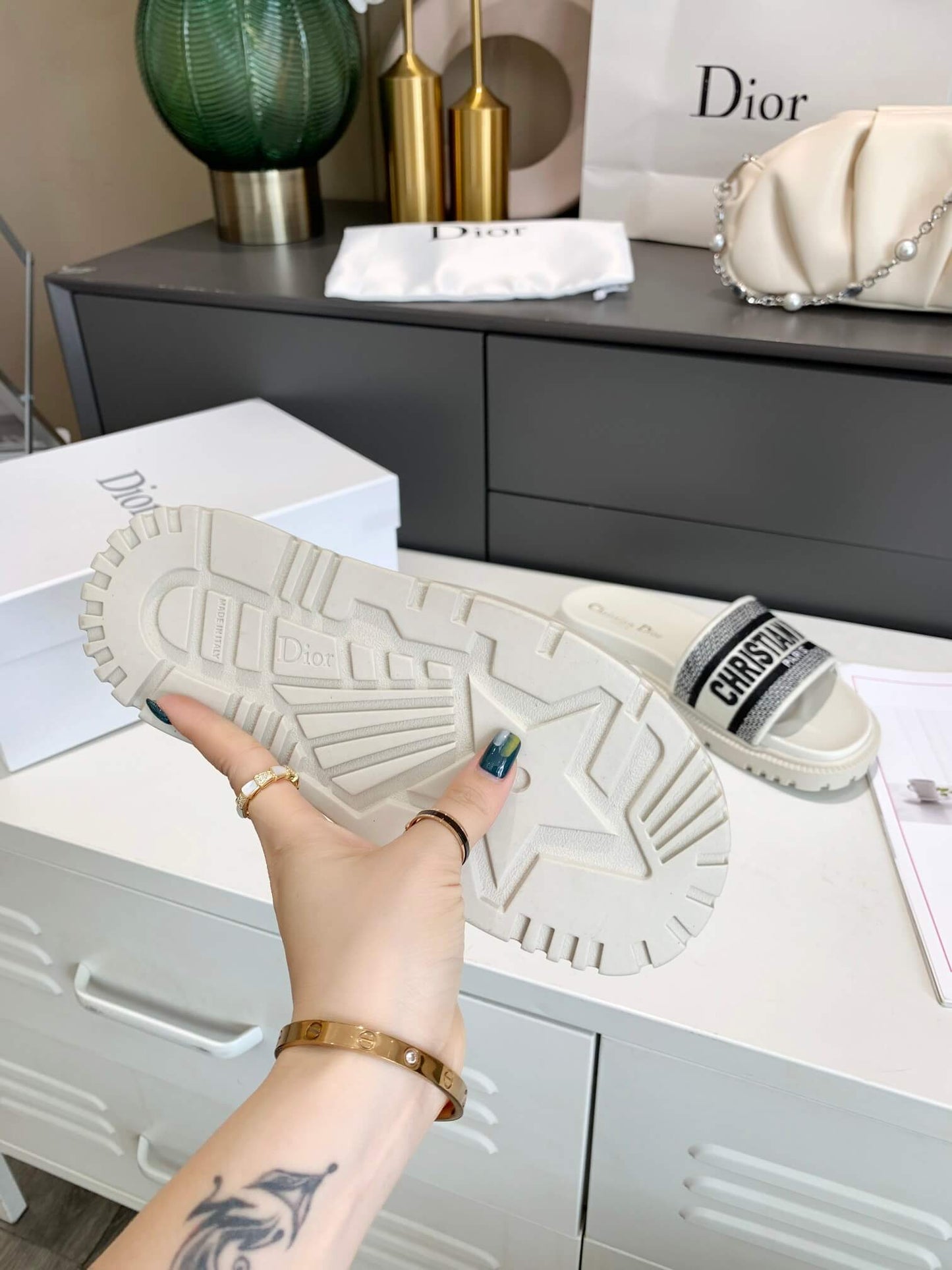 Dior D-Way White with Black Embroidered Strap Slides