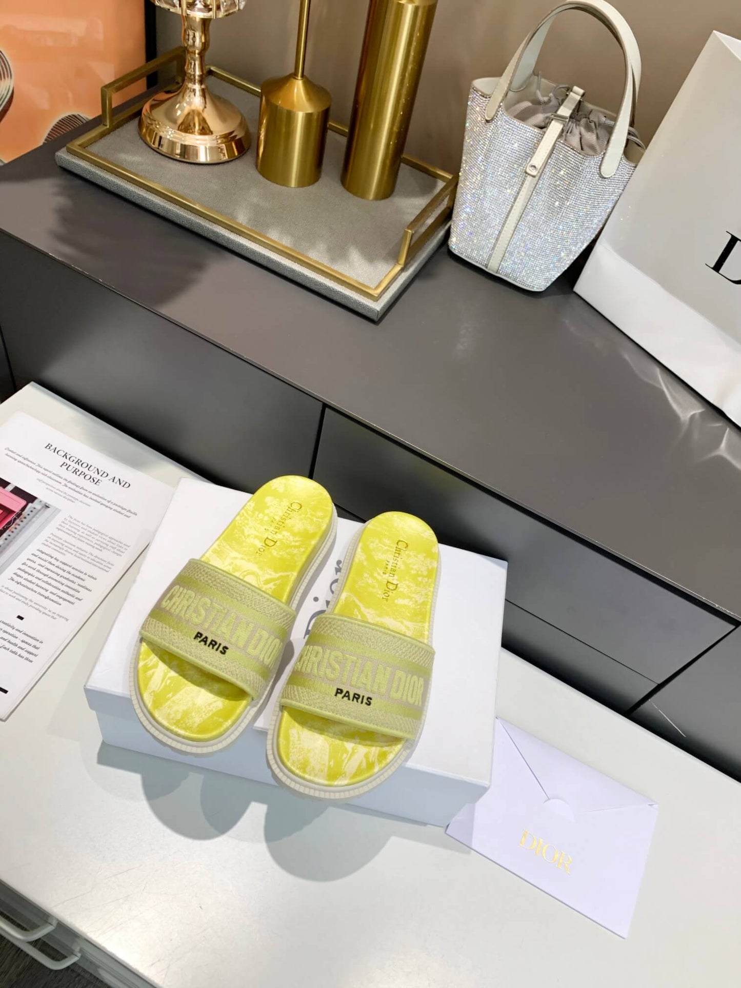 Dior D-Way Yellow Marble with Beige Embroidered Strap Slides