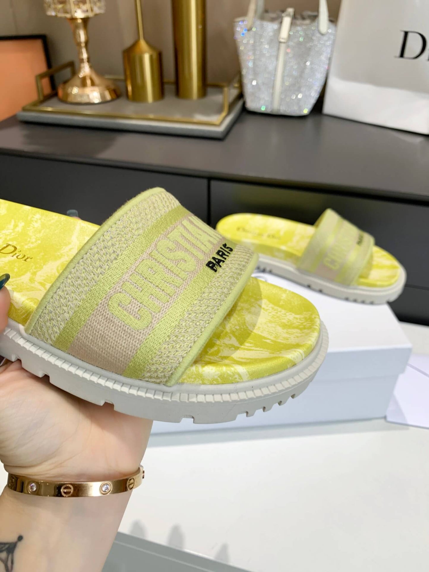 Dior D-Way Yellow Marble with Beige Embroidered Strap Slides