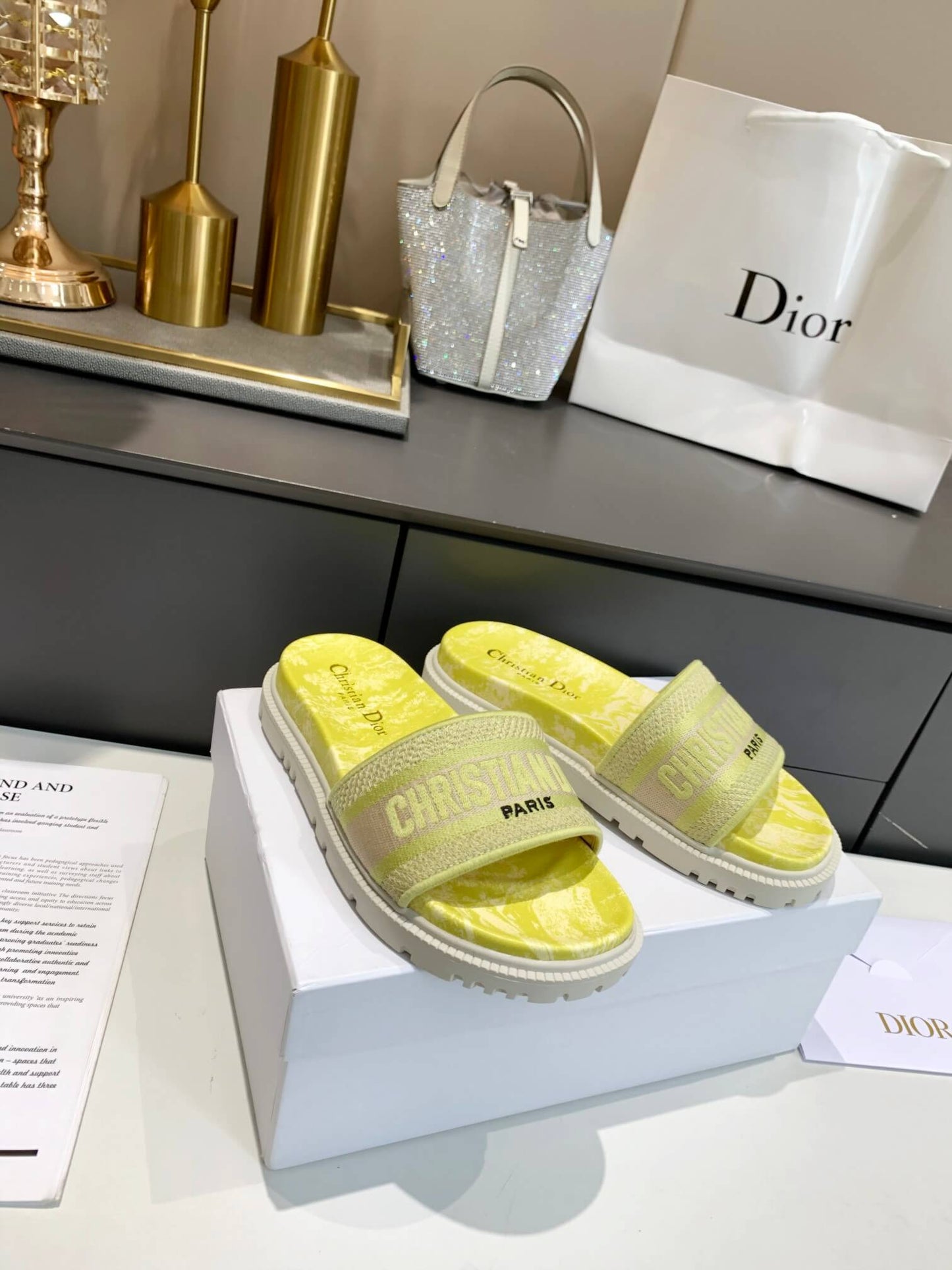 Dior D-Way Yellow Marble with Beige Embroidered Strap Slides
