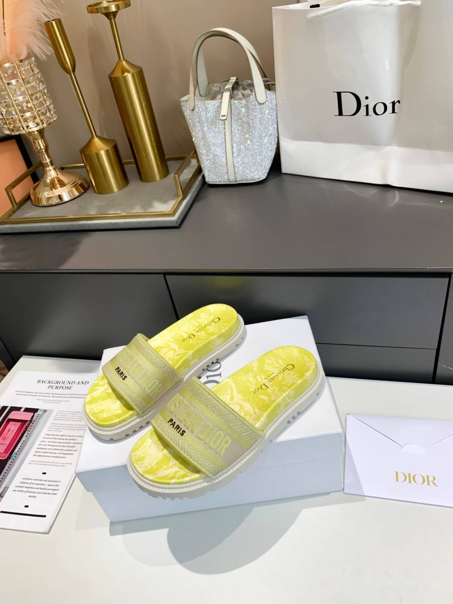 Dior D-Way Yellow Marble with Beige Embroidered Strap Slides