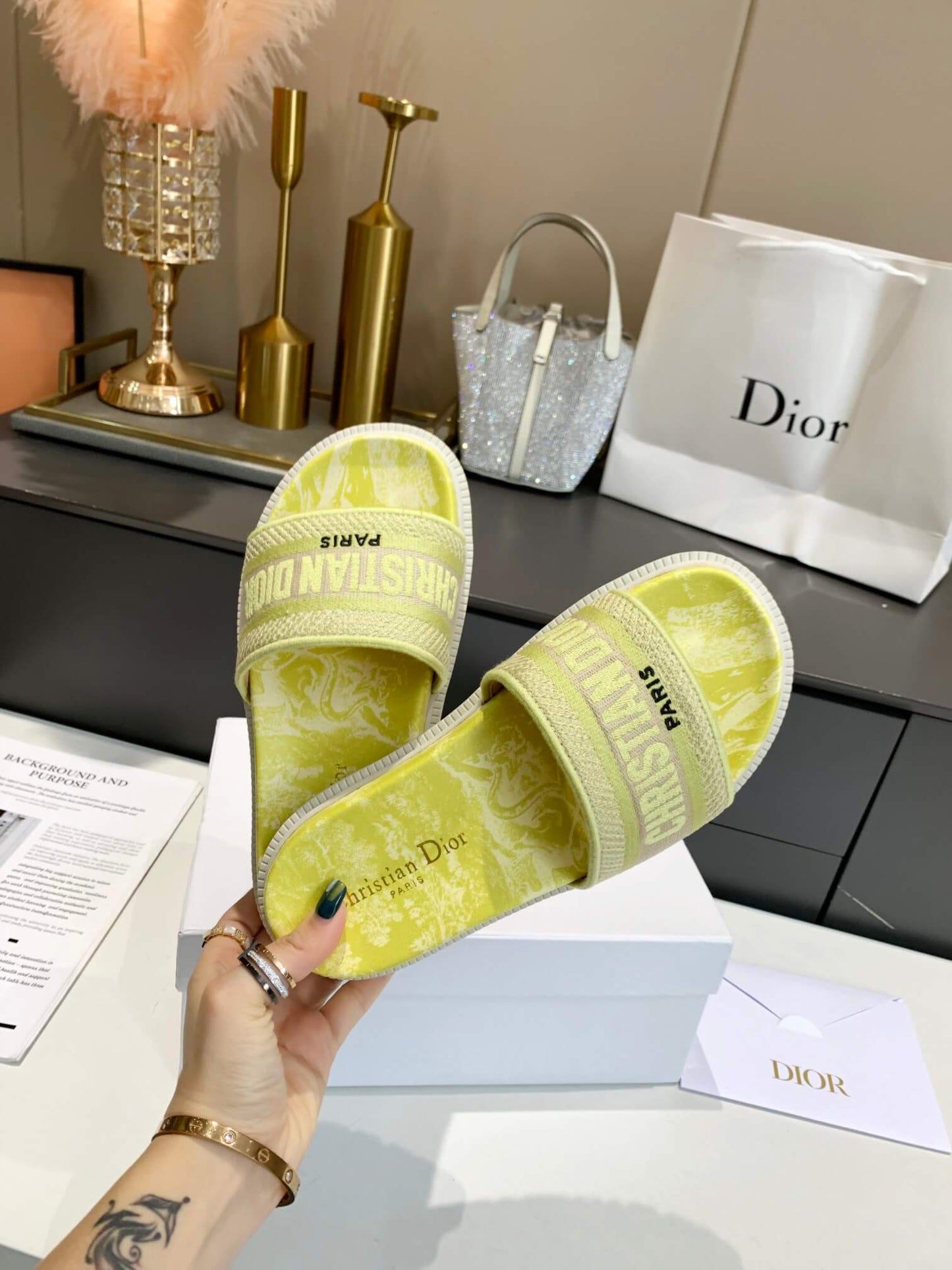 Dior D-Way Yellow Marble with Beige Embroidered Strap Slides