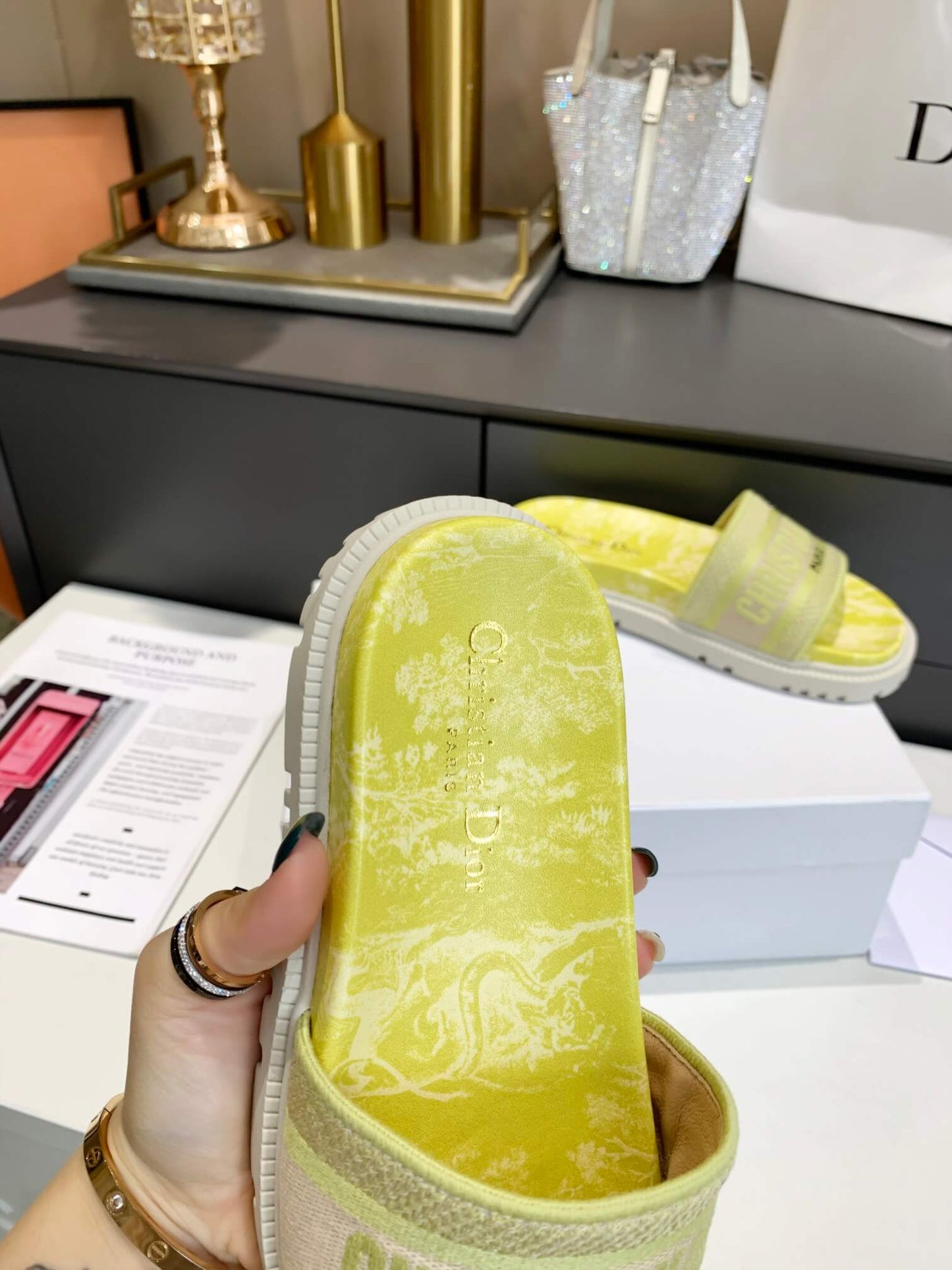 Dior D-Way Yellow Marble with Beige Embroidered Strap Slides