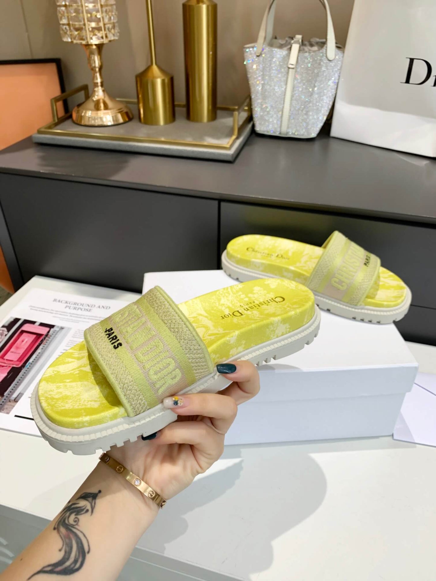 Dior D-Way Yellow Marble with Beige Embroidered Strap Slides