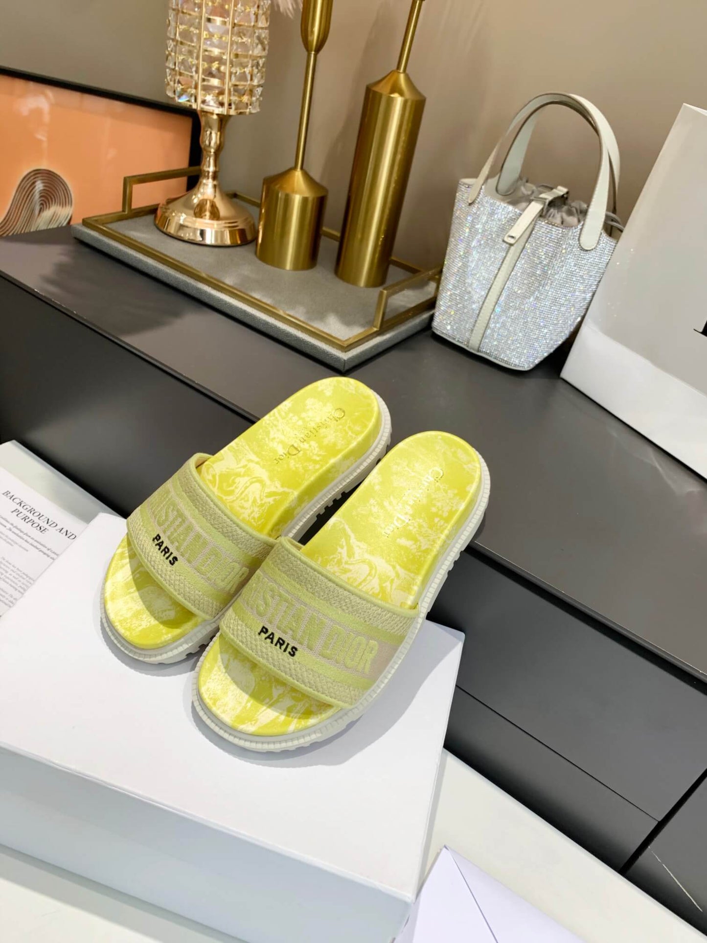 Dior D-Way Yellow Marble with Beige Embroidered Strap Slides