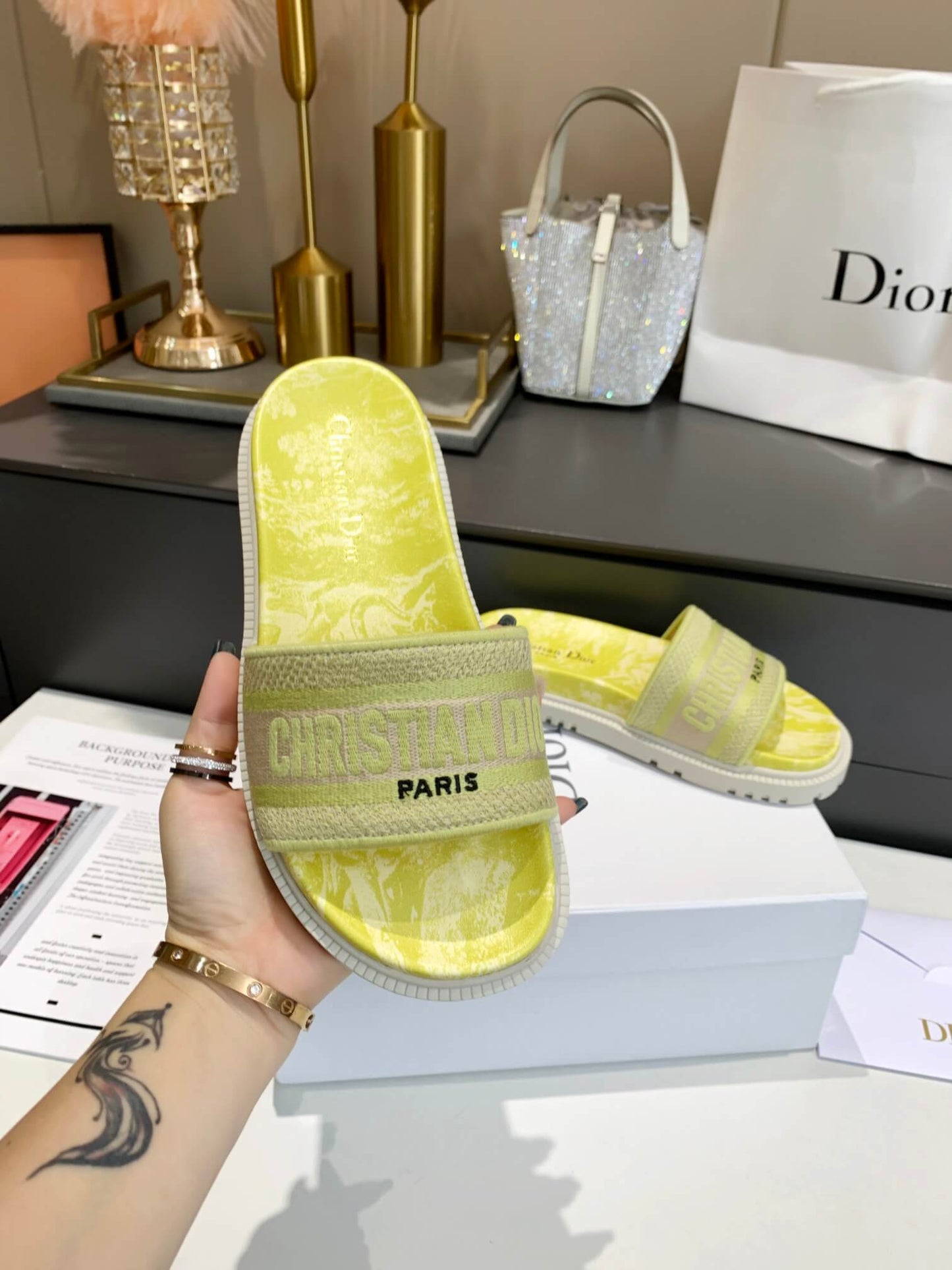 Dior D-Way Yellow Marble with Beige Embroidered Strap Slides